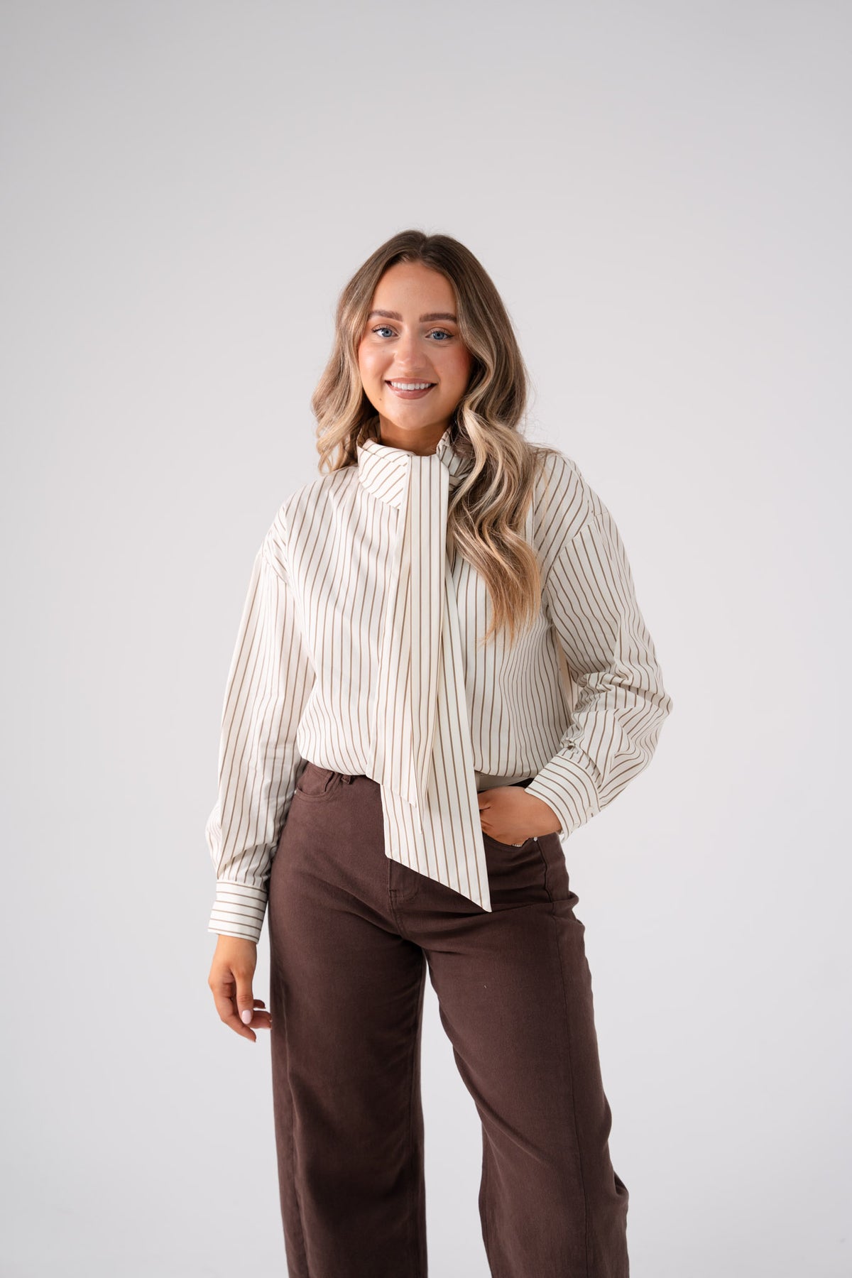 Love Laura Pinstripe Bow Blouse In Nude