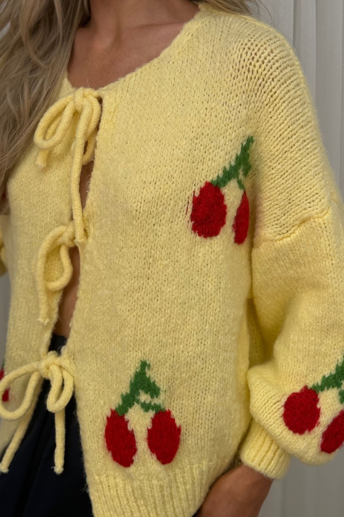 Leona Tie Front Cherry Cardigan In Yellow