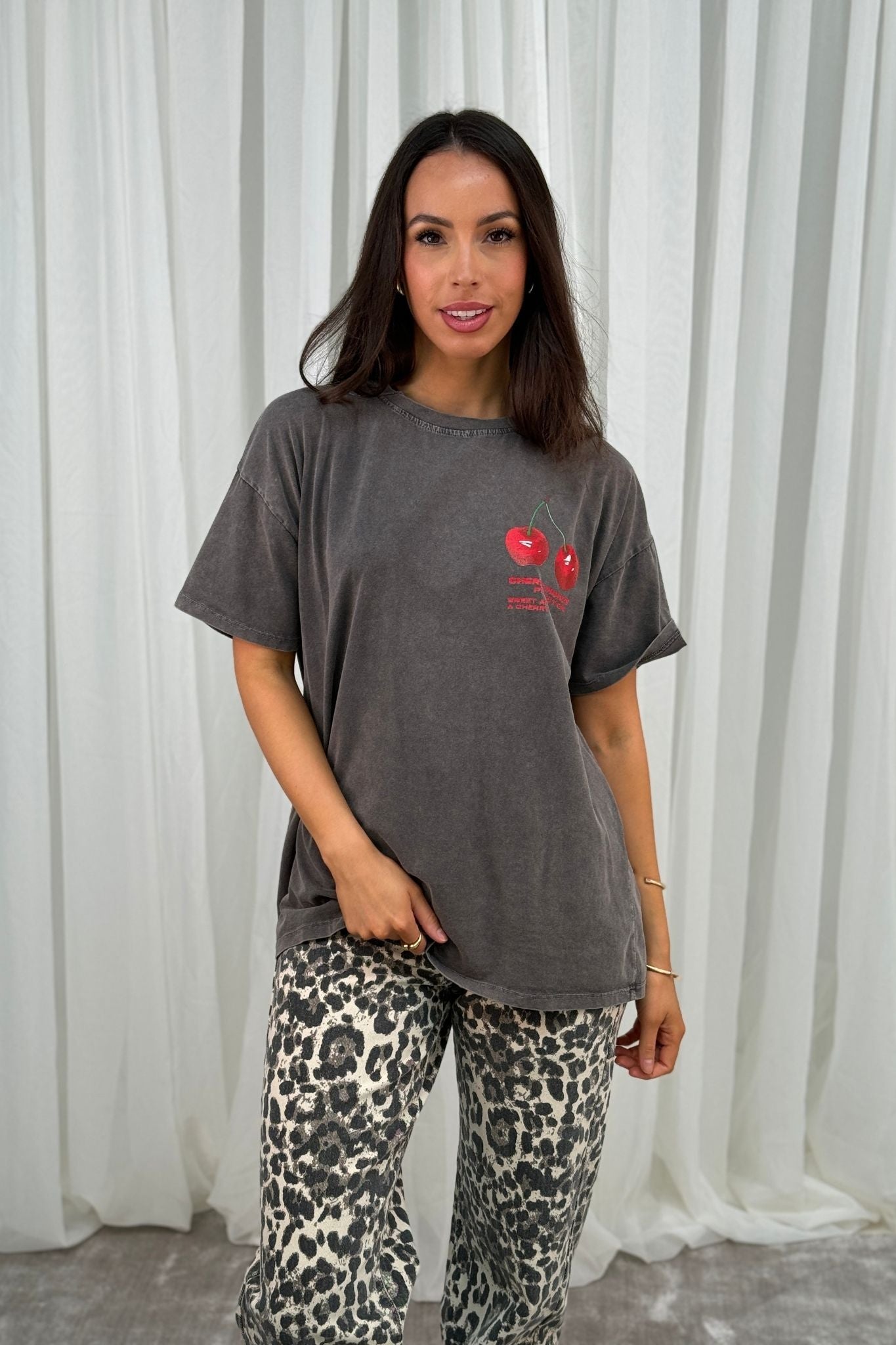 Melanie Cherry Motif T-Shirt In Grey