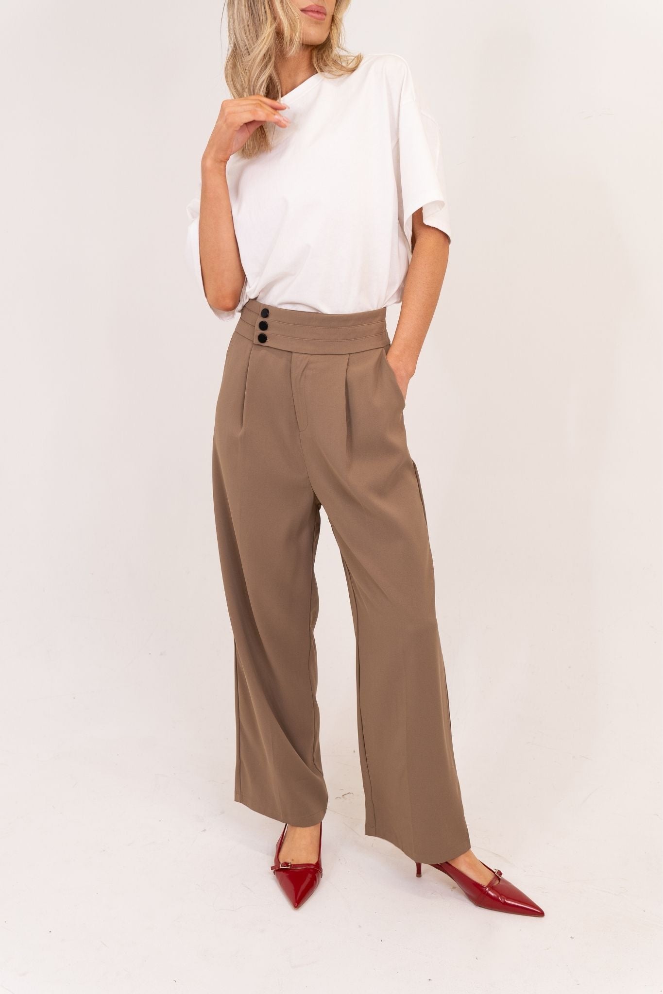 Willow Button Waist Trousers In Taupe