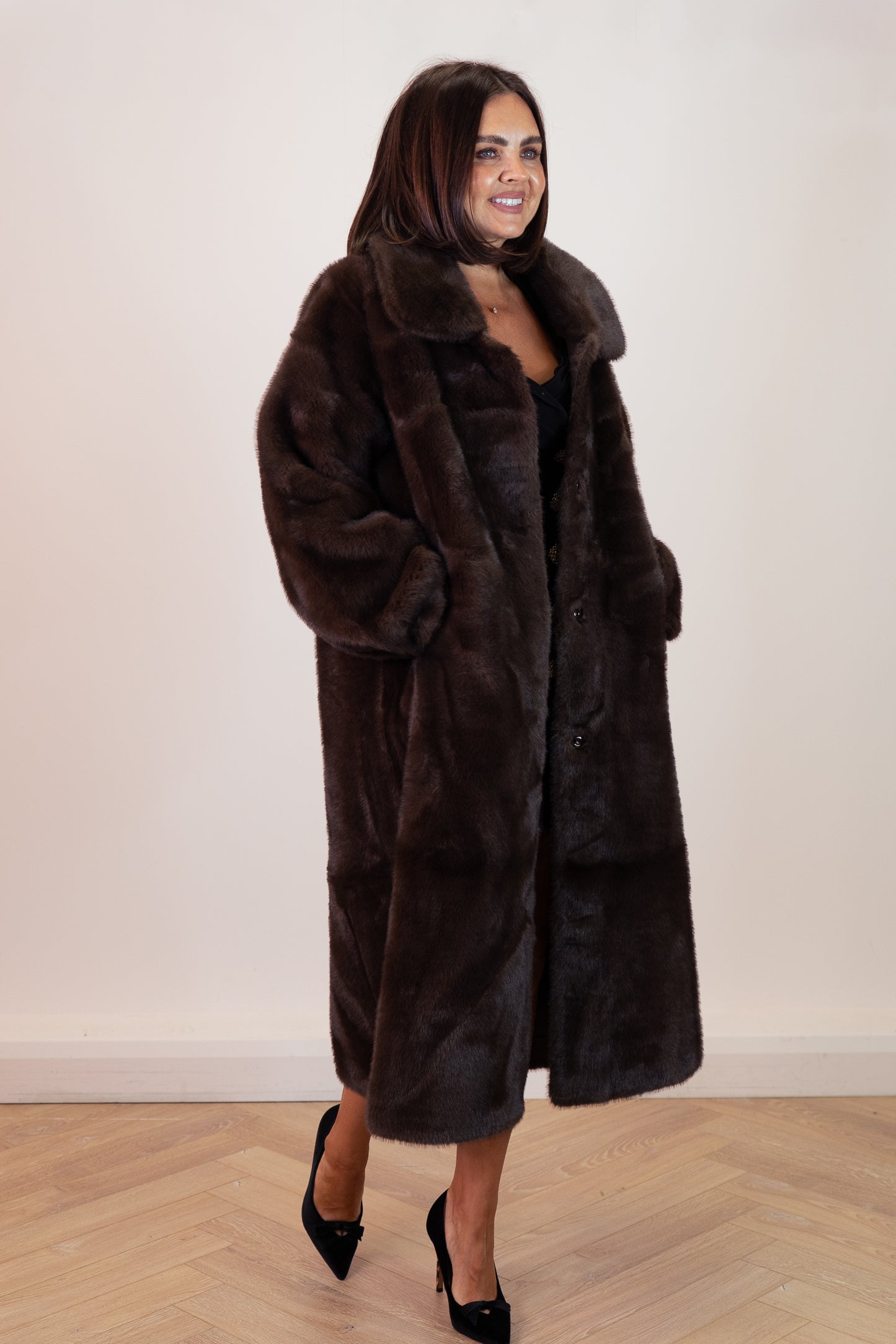 Love Laura Longline Faux Fur Coat In Chocolate