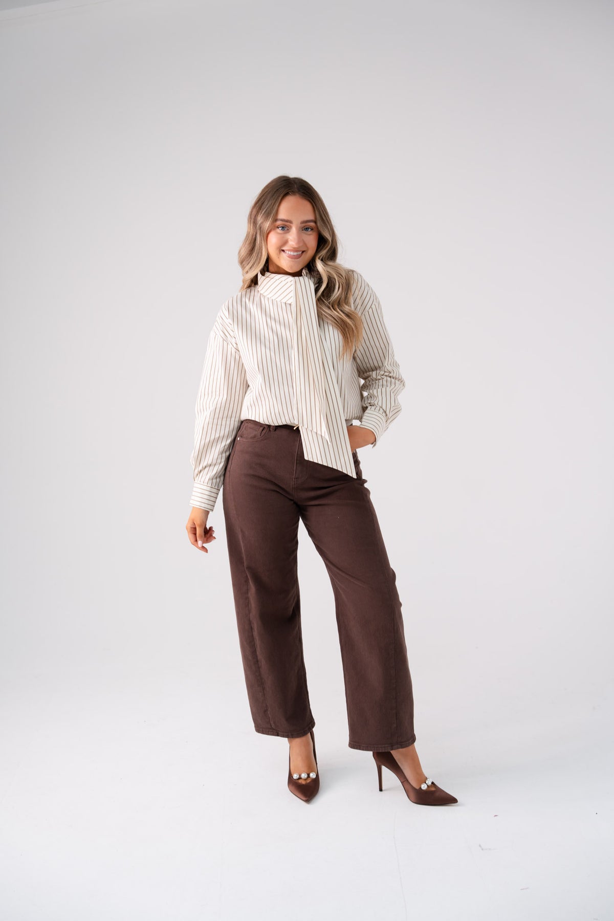 Love Laura Pinstripe Bow Blouse In Nude