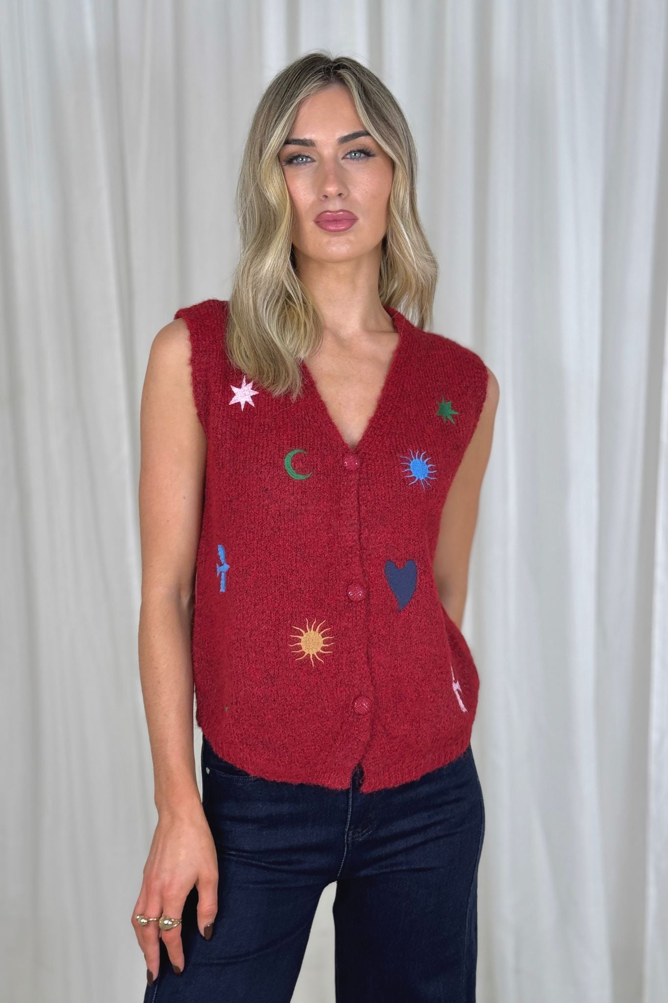 Kendra Multi Detail Waistcoat In Bordeaux