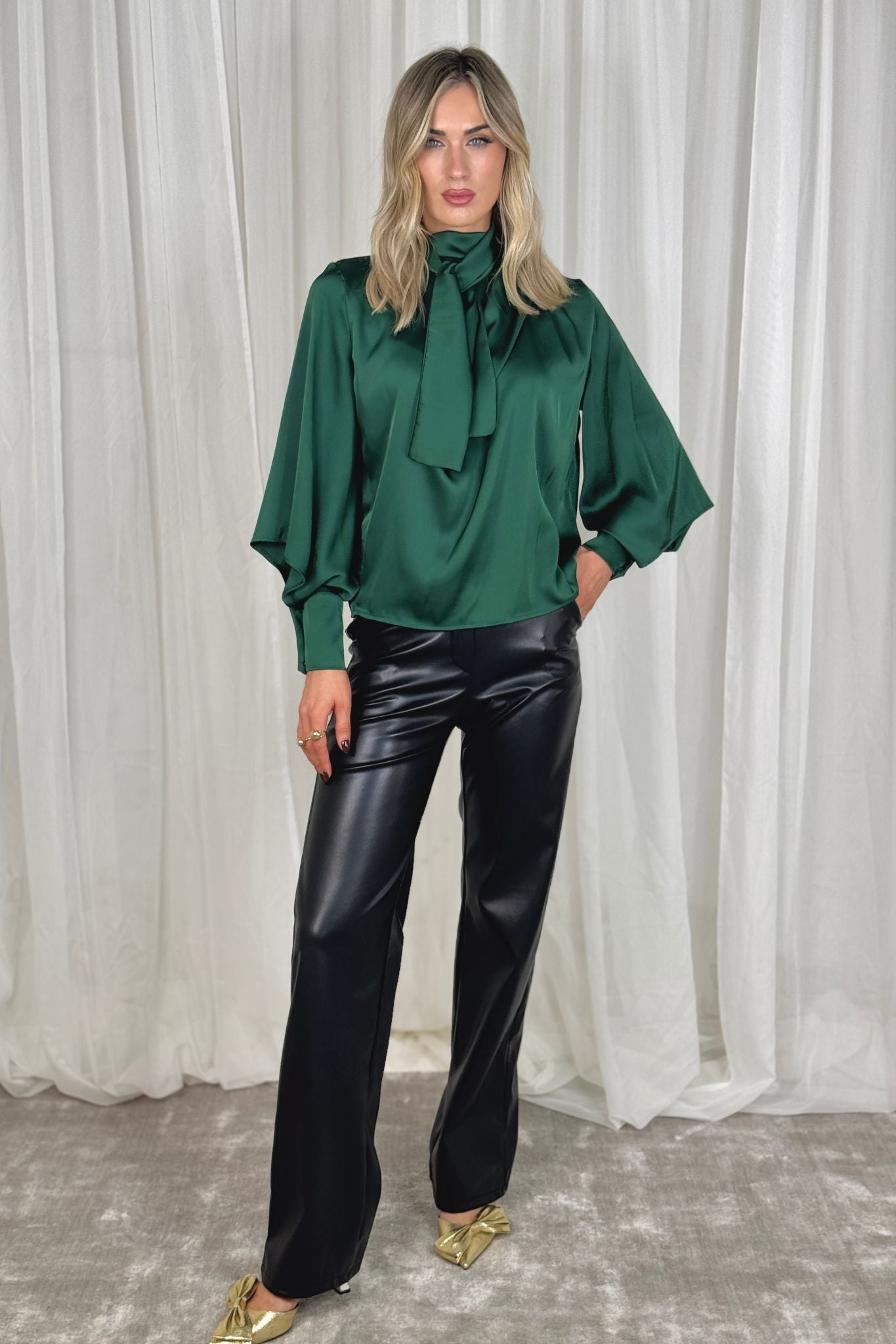 Pia Tie Neck Satin Blouse In Emerald Green