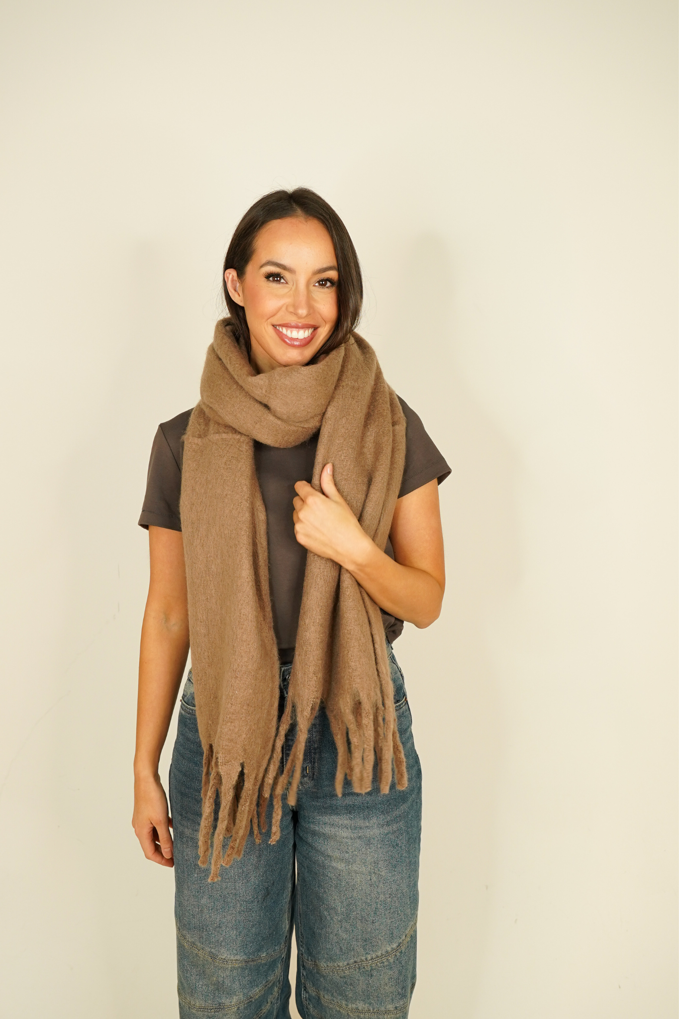 Polly Tassel Scarf In Taupe