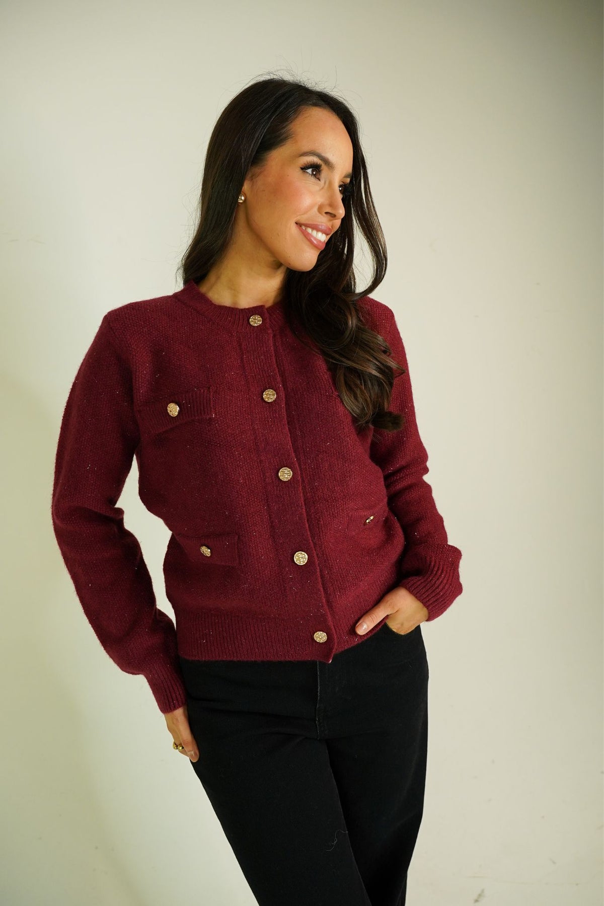 Elsa Pocket Front Cardigan In Bordeaux