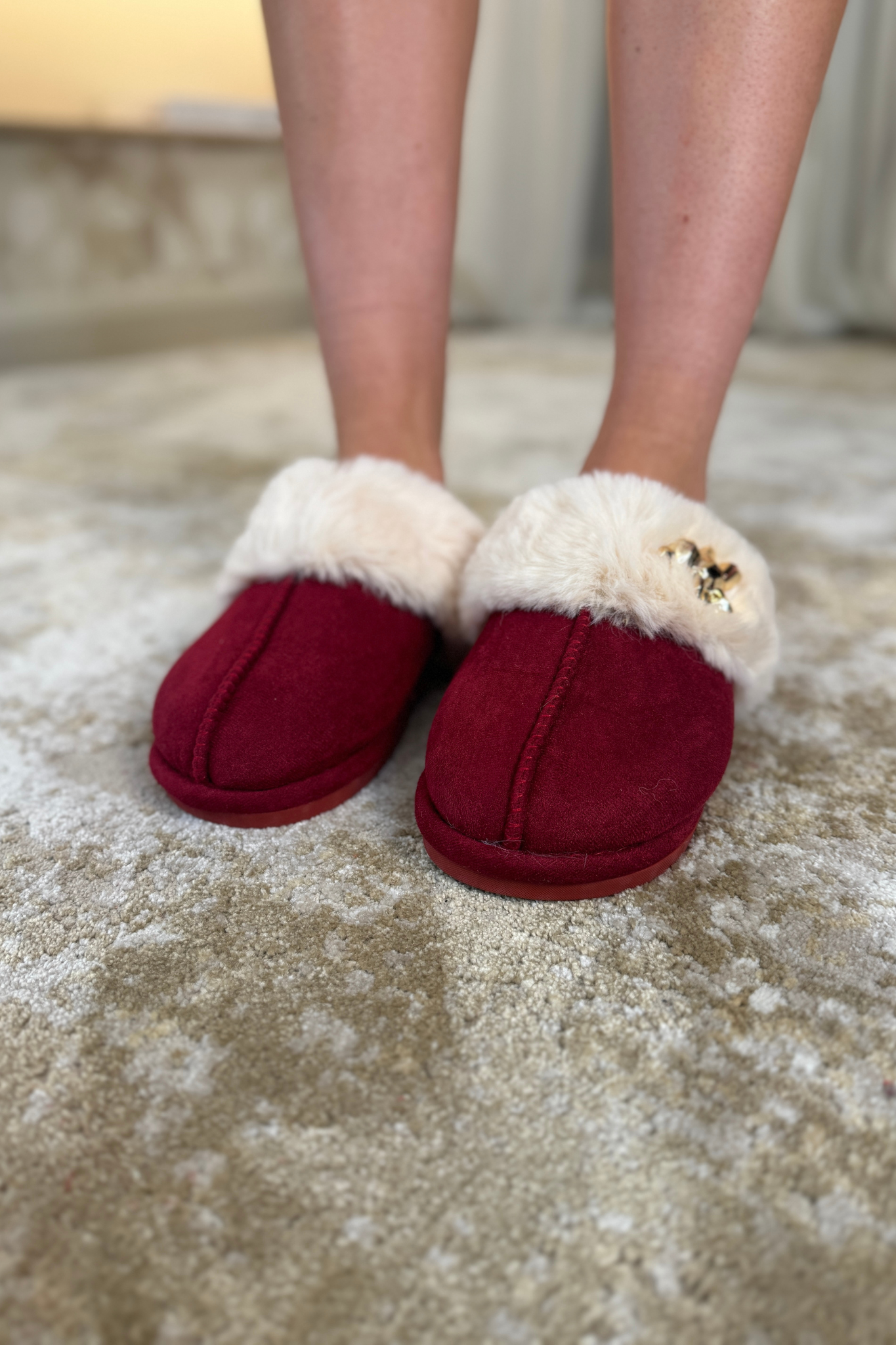 Sadie Faux Fur Trim Slippers In Wine