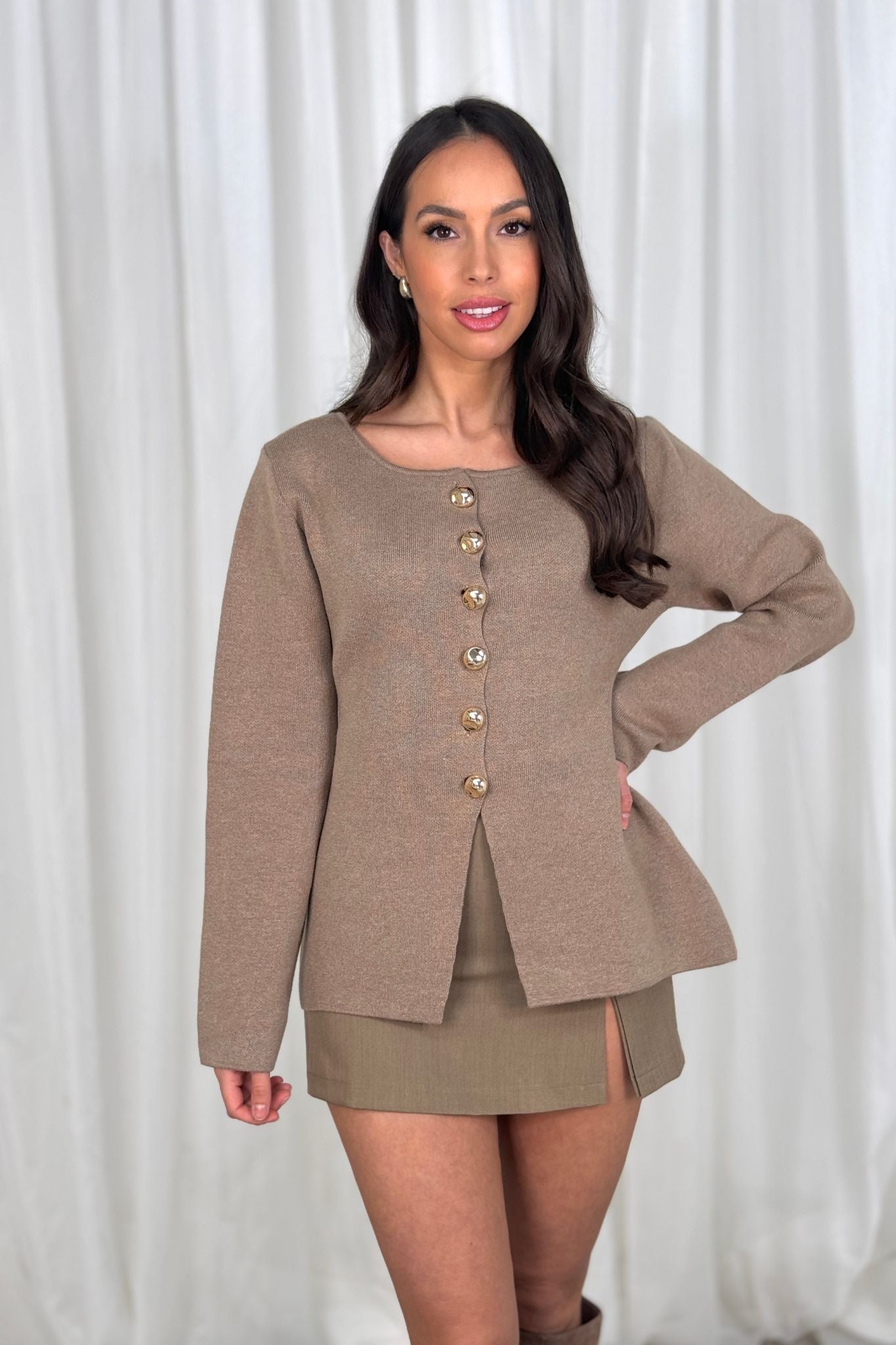 Kendra Split Hem Cardigan In Taupe