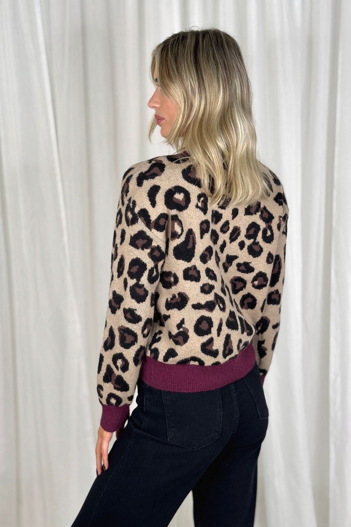 Millie Bordeaux Trim Cardigan In Leopard Print