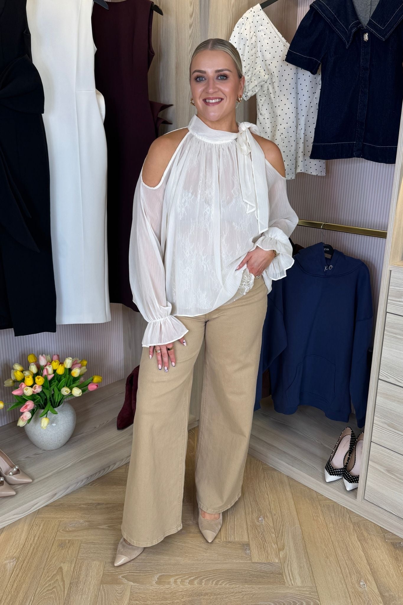 Iris Cold Shoulder Drape Top In Cream