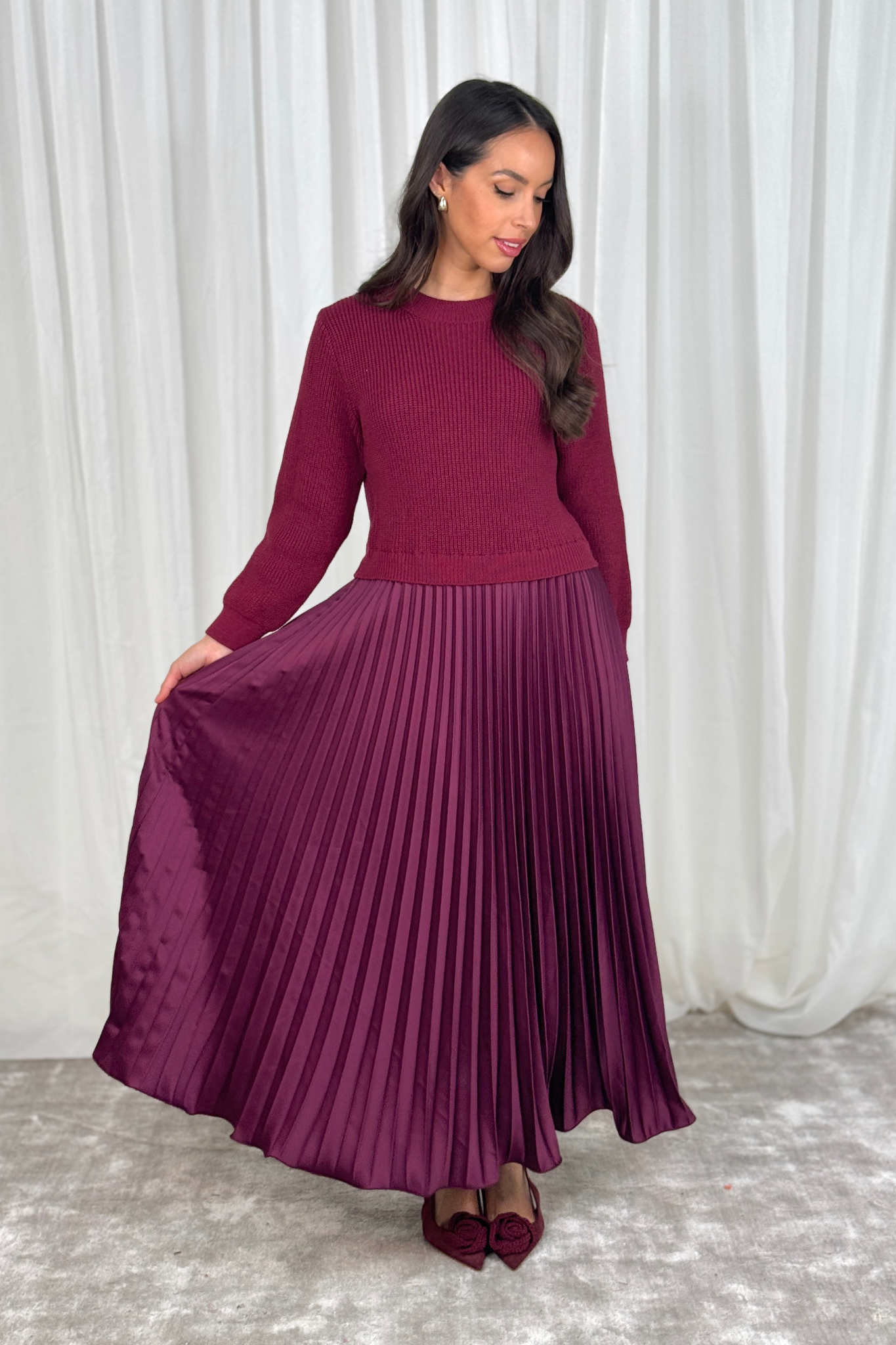 Indie Contrast Jumper Dress In Wine Red