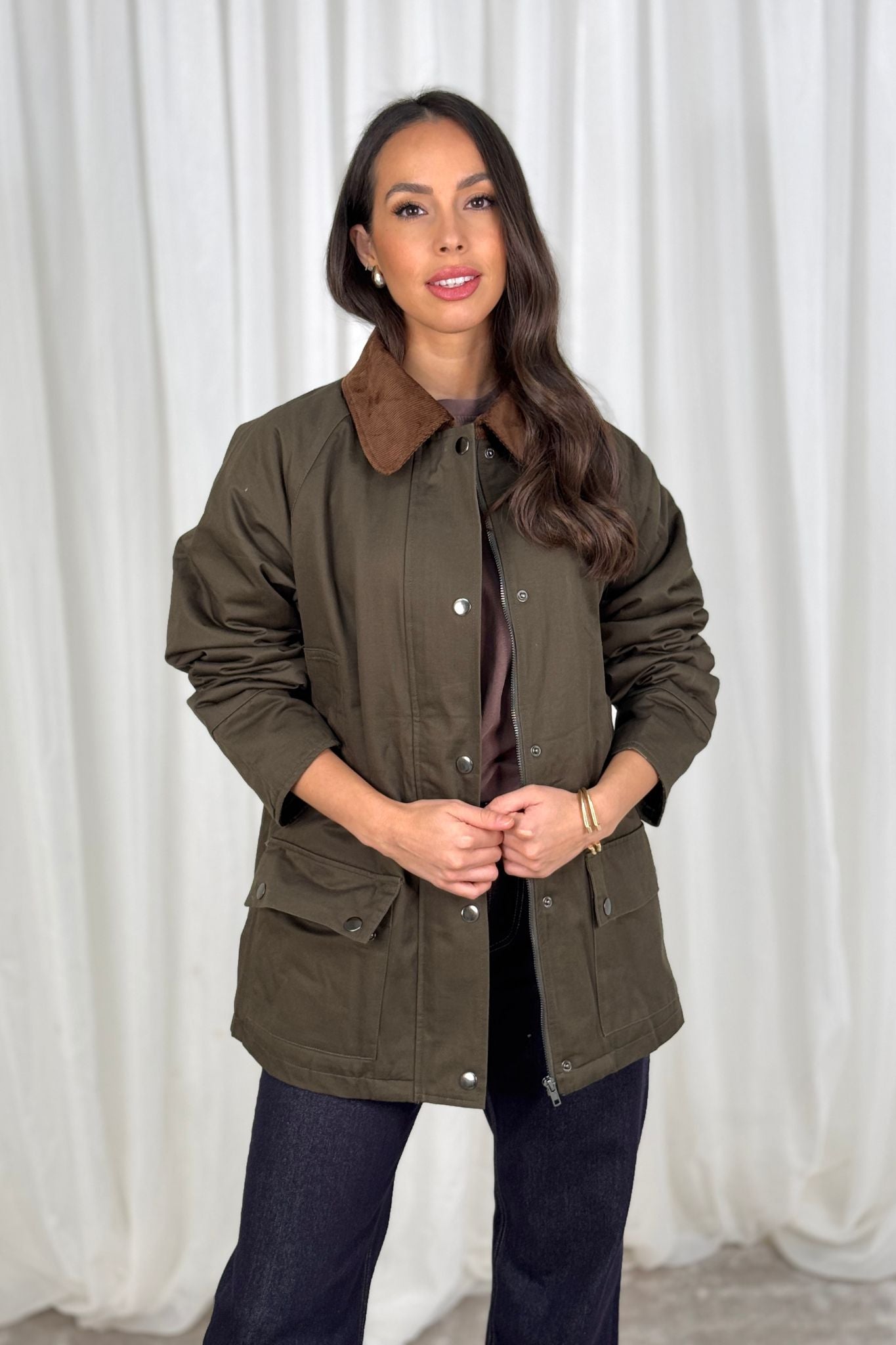 Daisy Contrast Detail Coat In Khaki