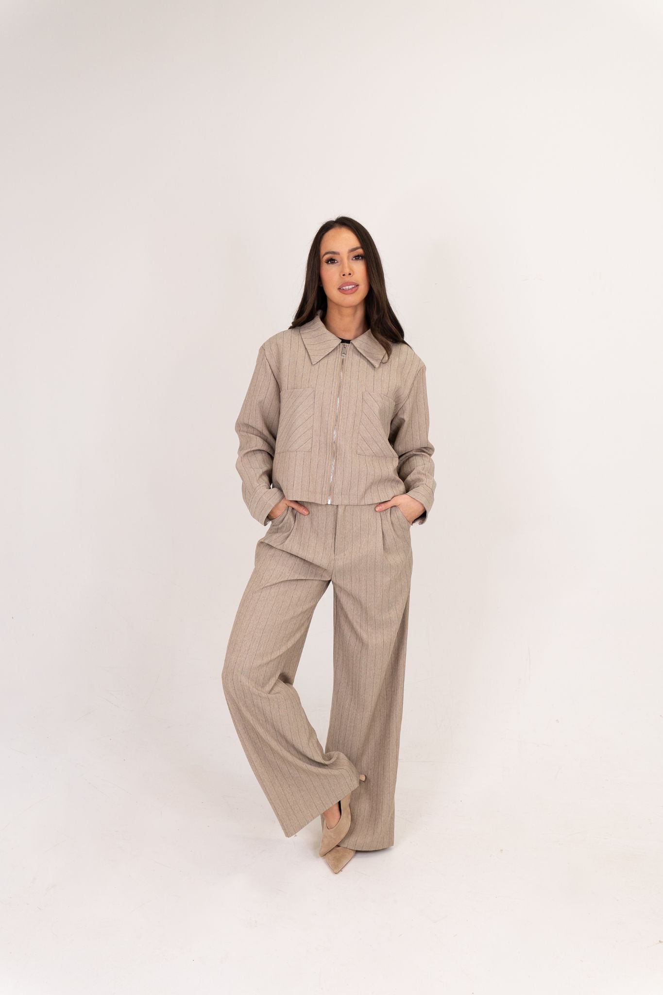 Kiera Zip Pinstripe Jacket In Taupe