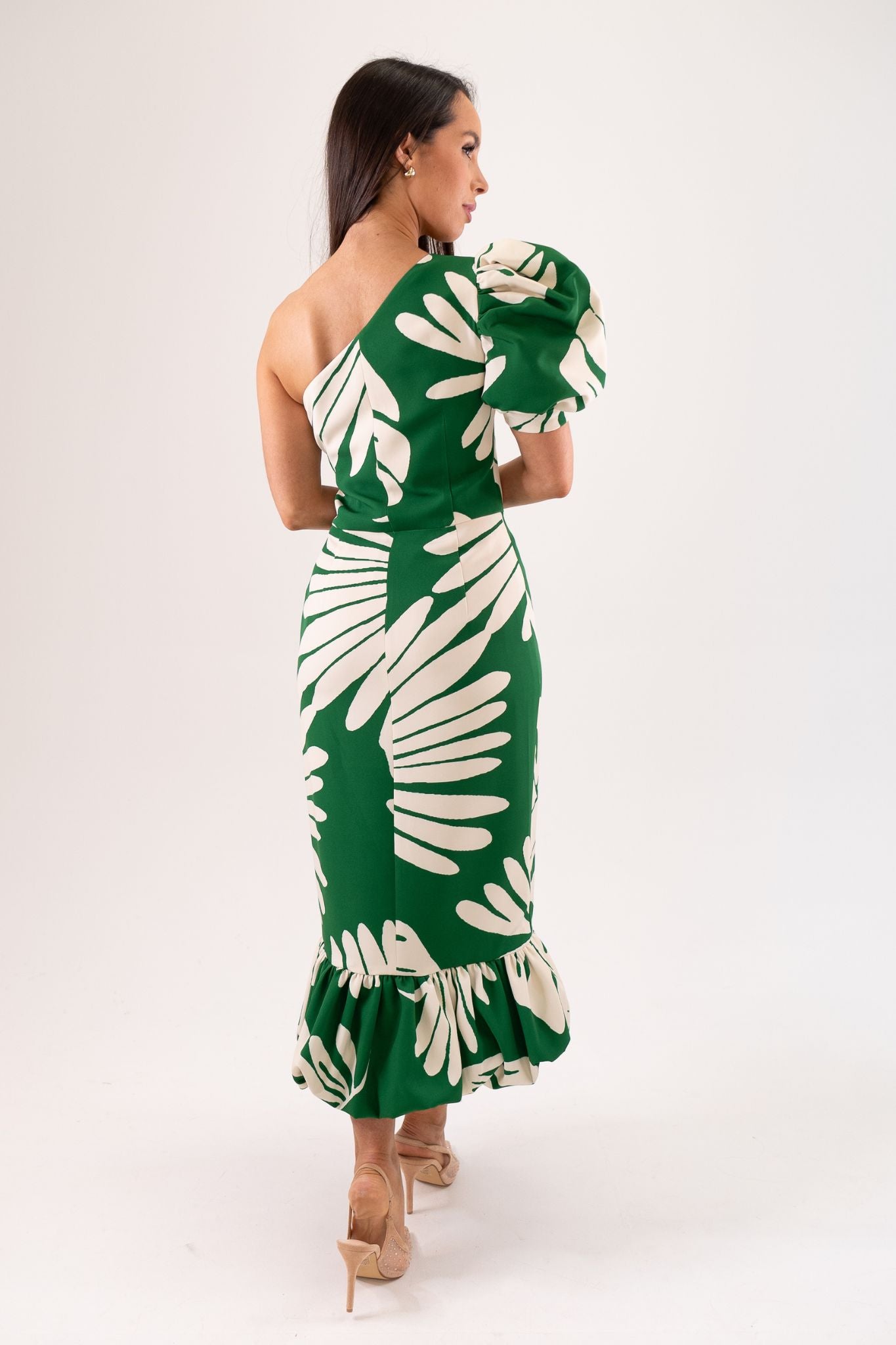 Marissa Printed One Shoulder Dress In Green