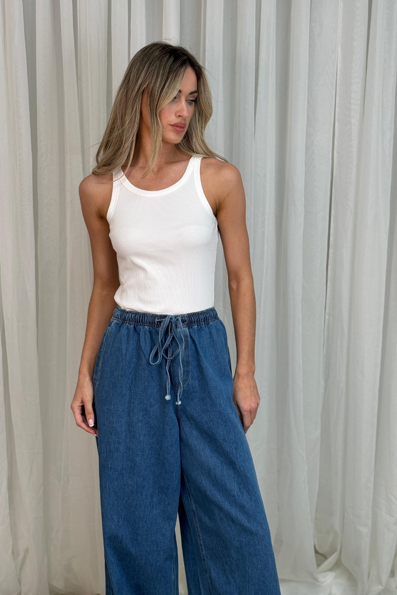 Jane Drawstring Waist Jeans In Mid Wash