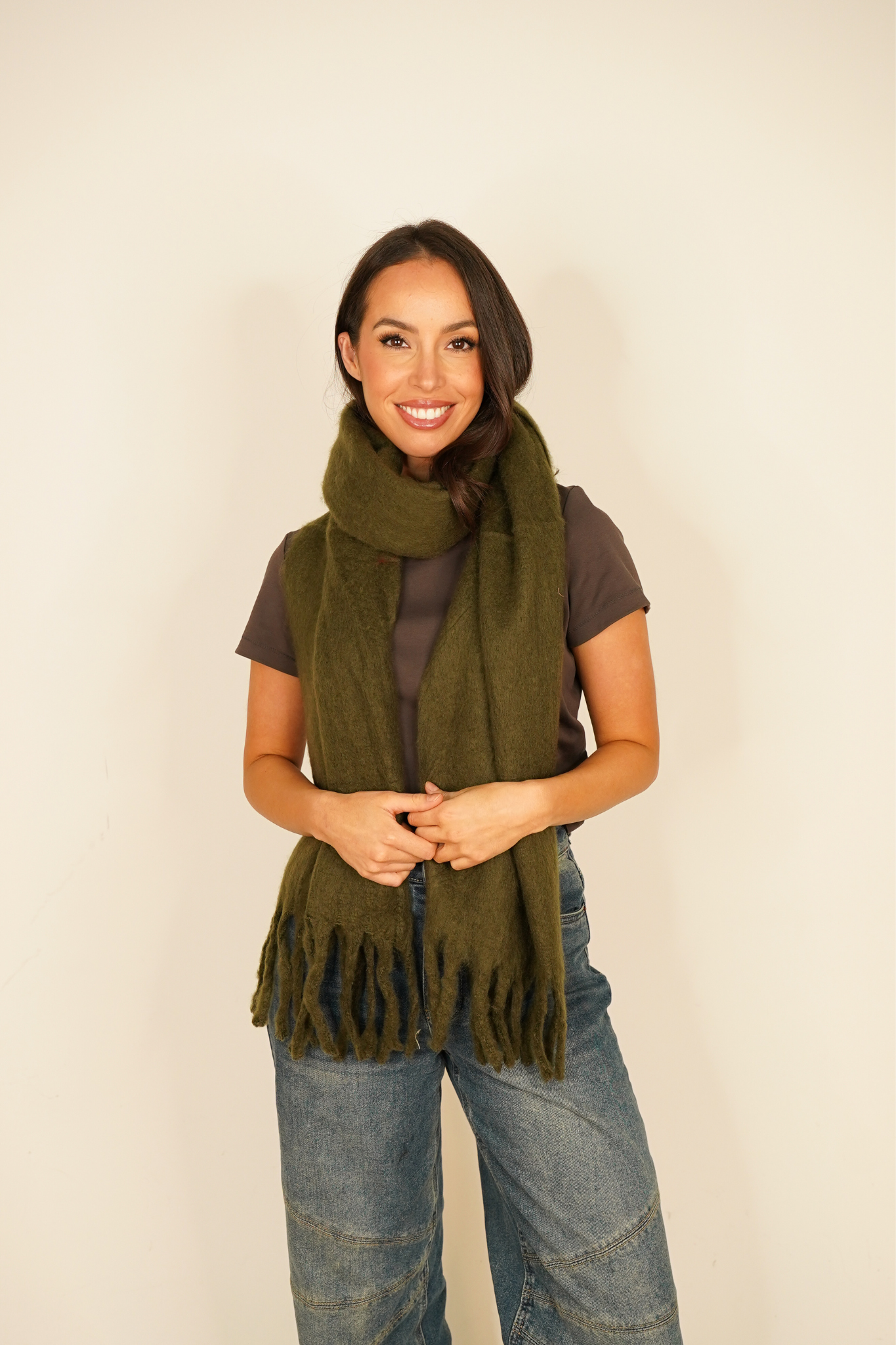 Polly Tassel Scarf In Khaki