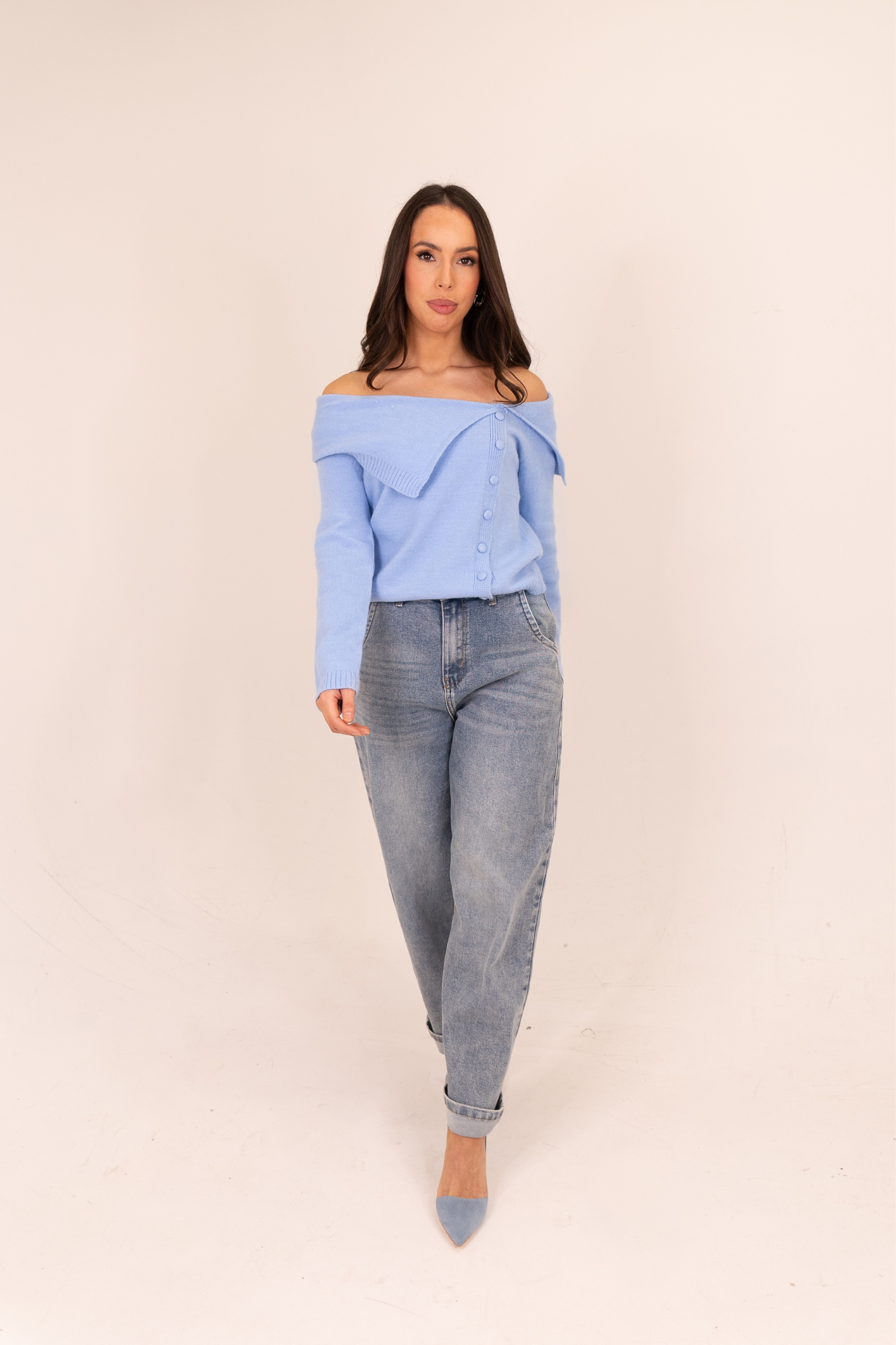 Kiera Asymmetric Bardot Jumper In Sky Blue