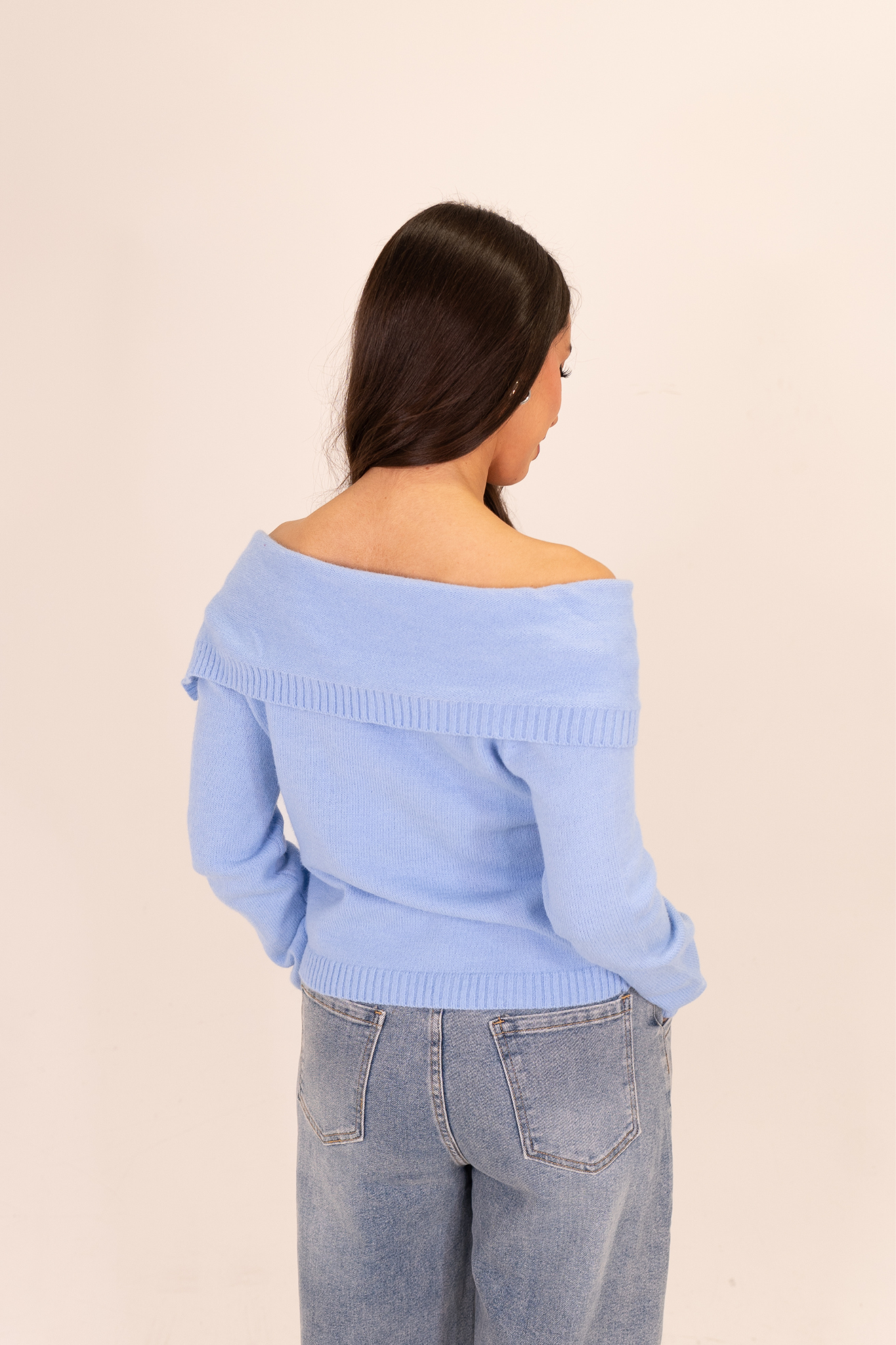 Kiera Asymmetric Bardot Jumper In Sky Blue