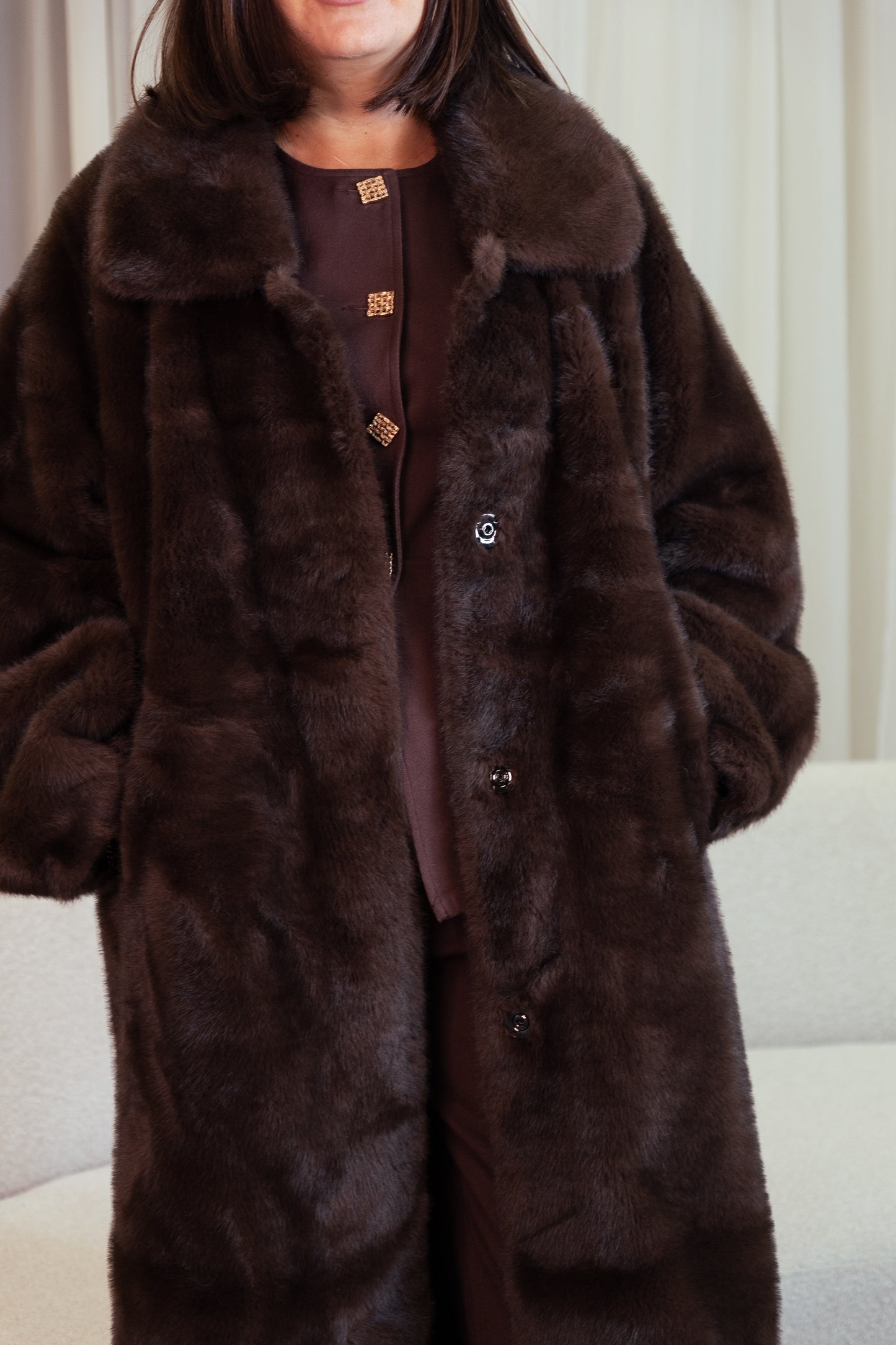 Love Laura Longline Faux Fur Coat In Chocolate