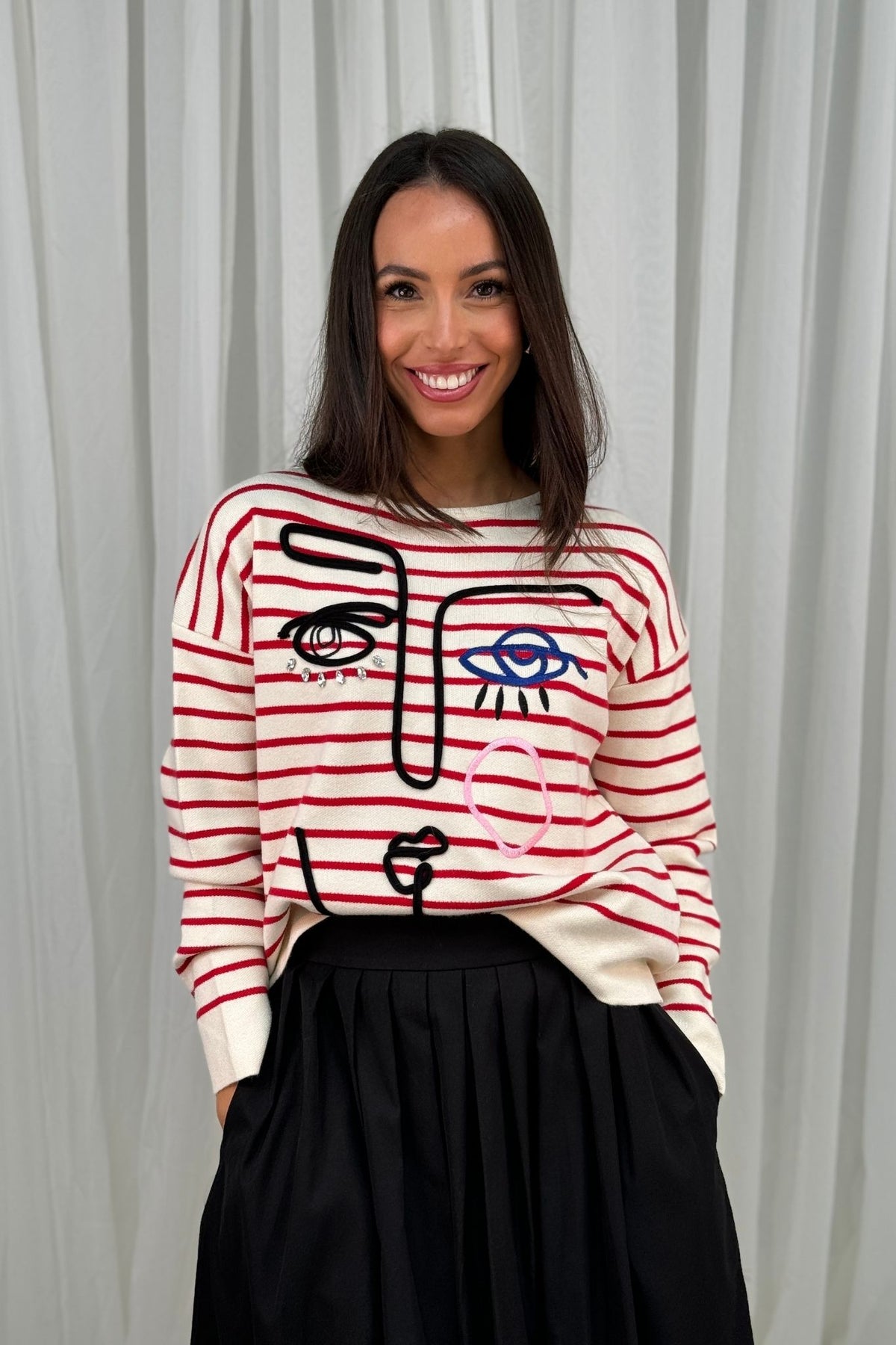 Millie Abstract Stripe Jumper In Red Mix