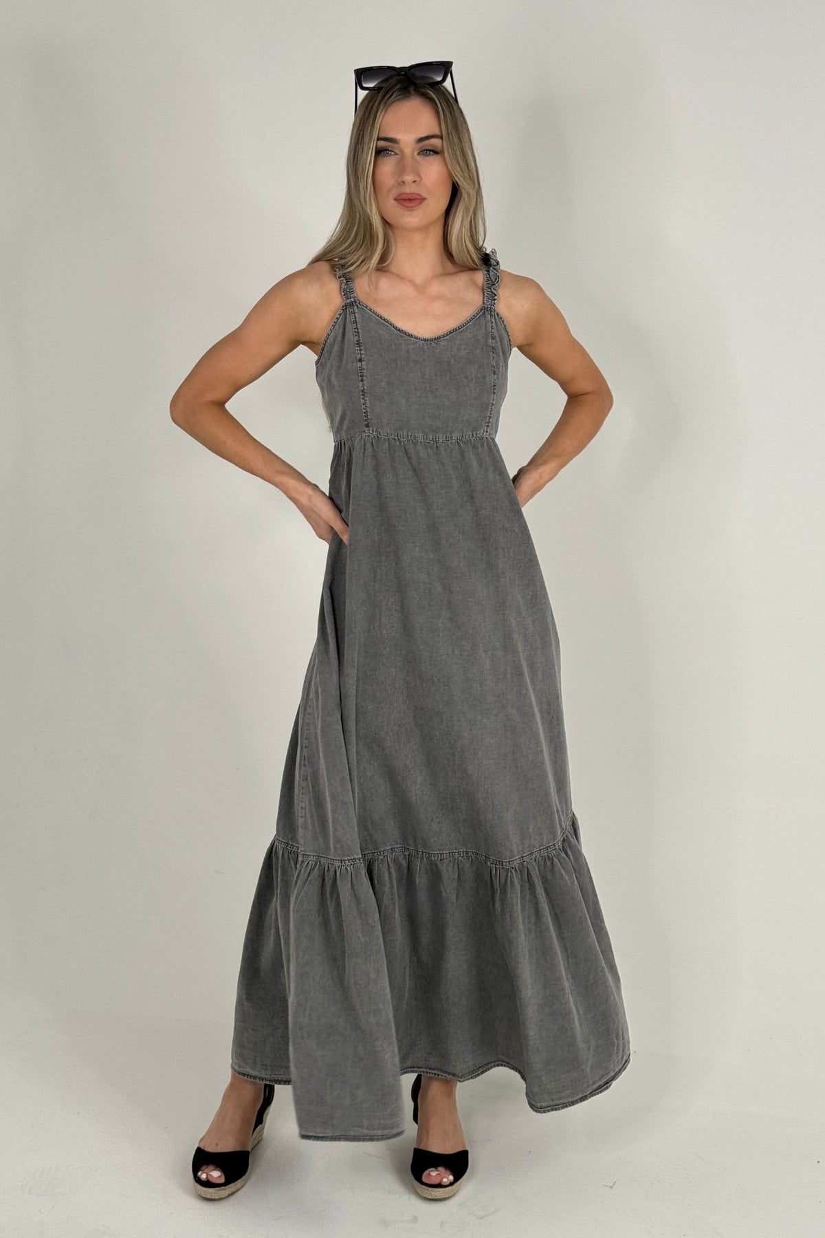 Polly Tiered Denim Maxi Dress In Grey