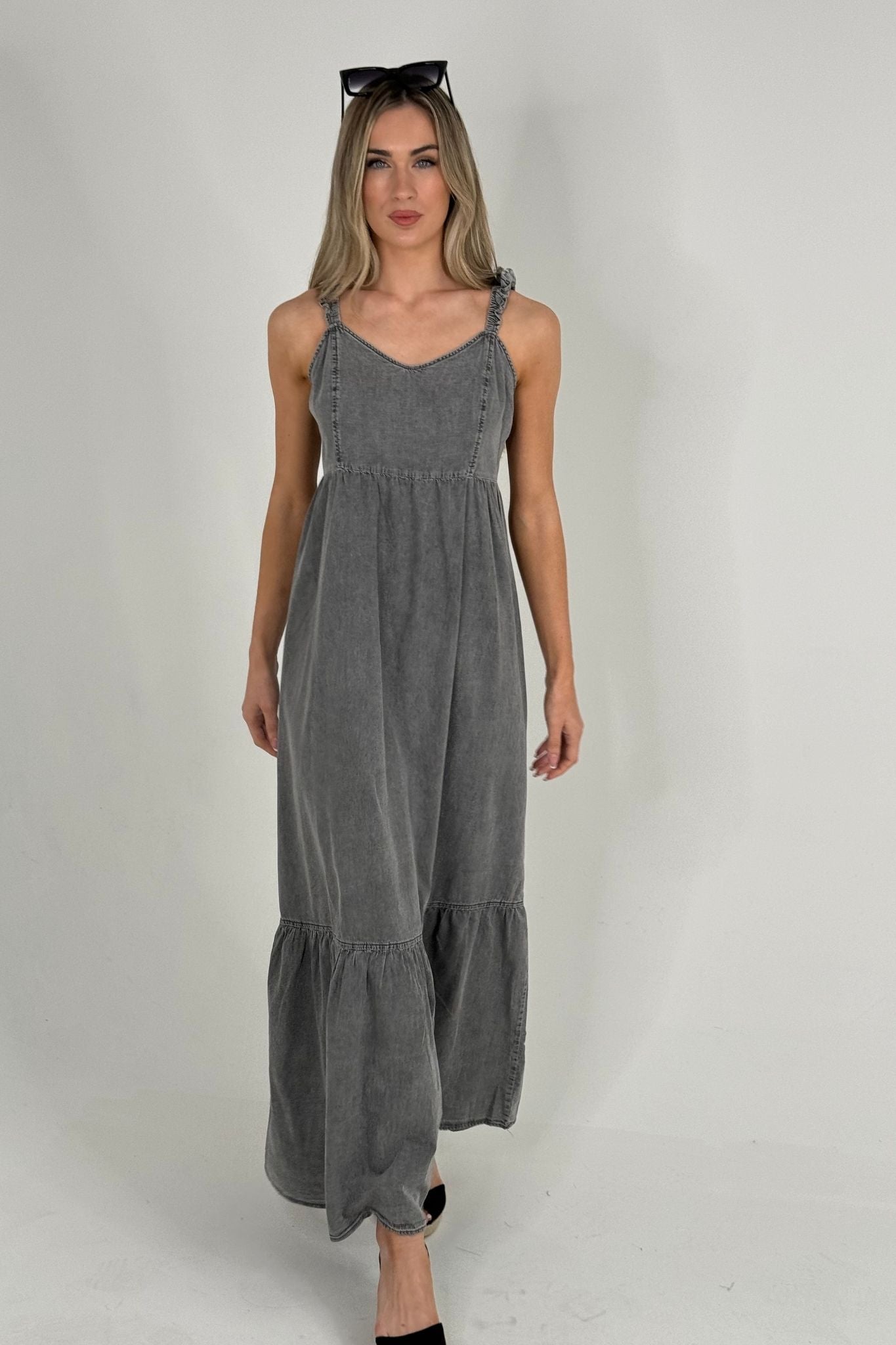 Polly Tiered Denim Maxi Dress In Grey