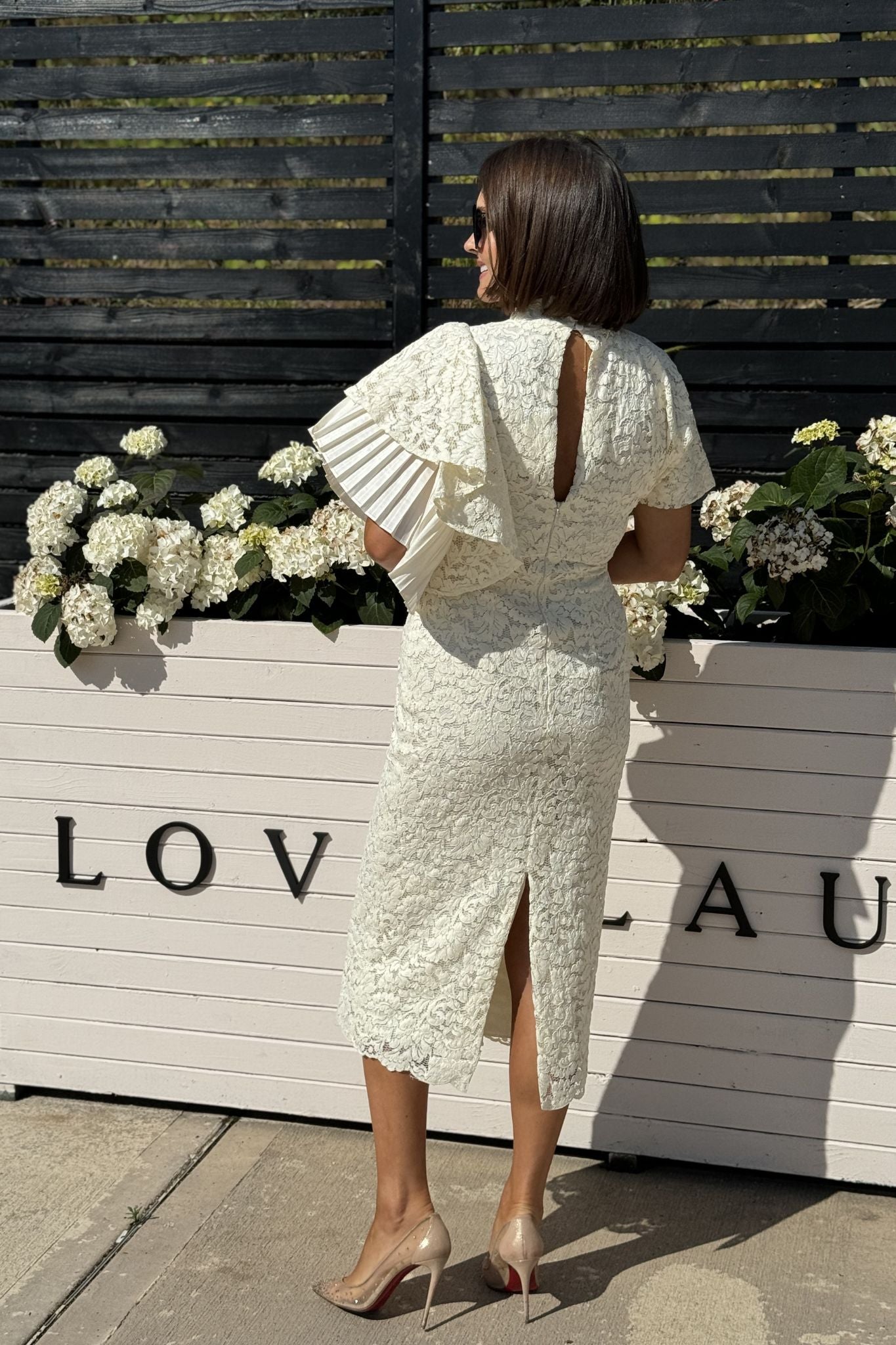 Kayla Pleat Sleeve Lace Dress In Cream