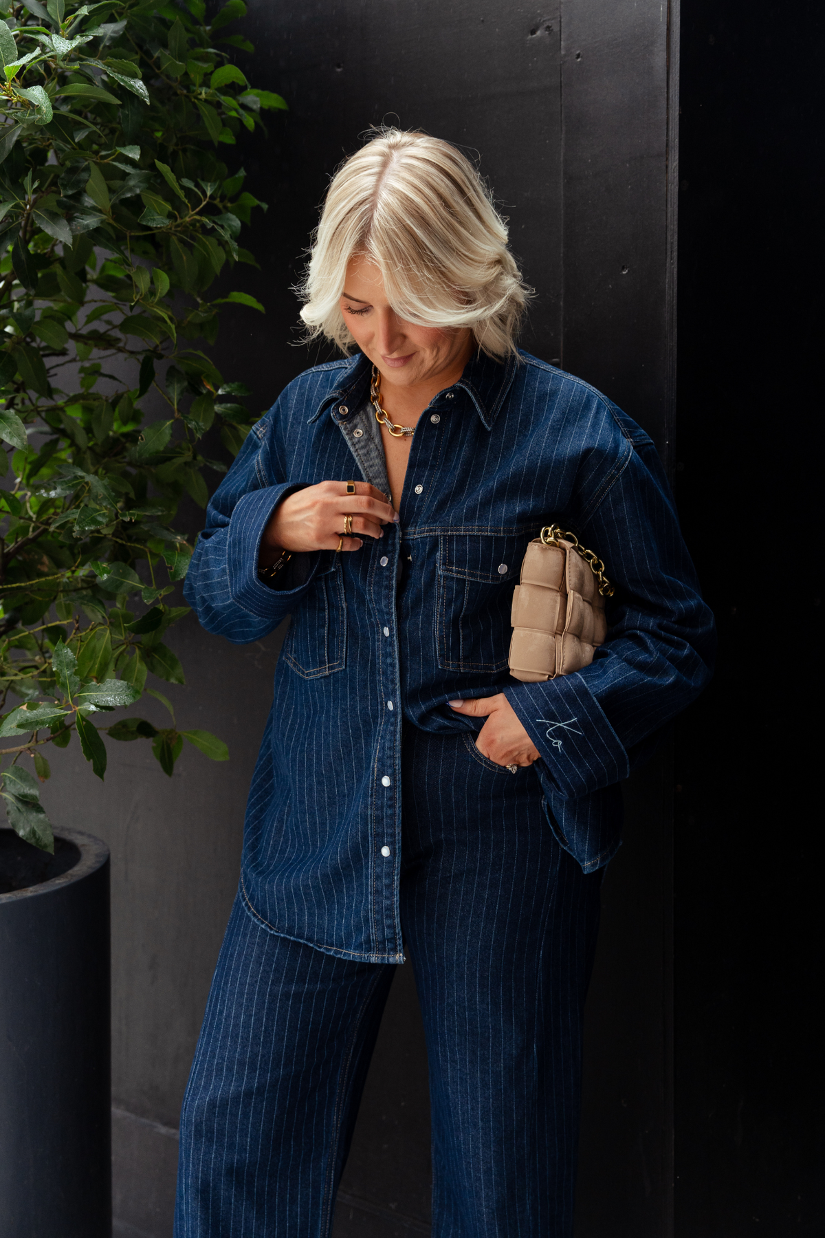 Love Laura Pinstripe Denim Shacket In Indigo