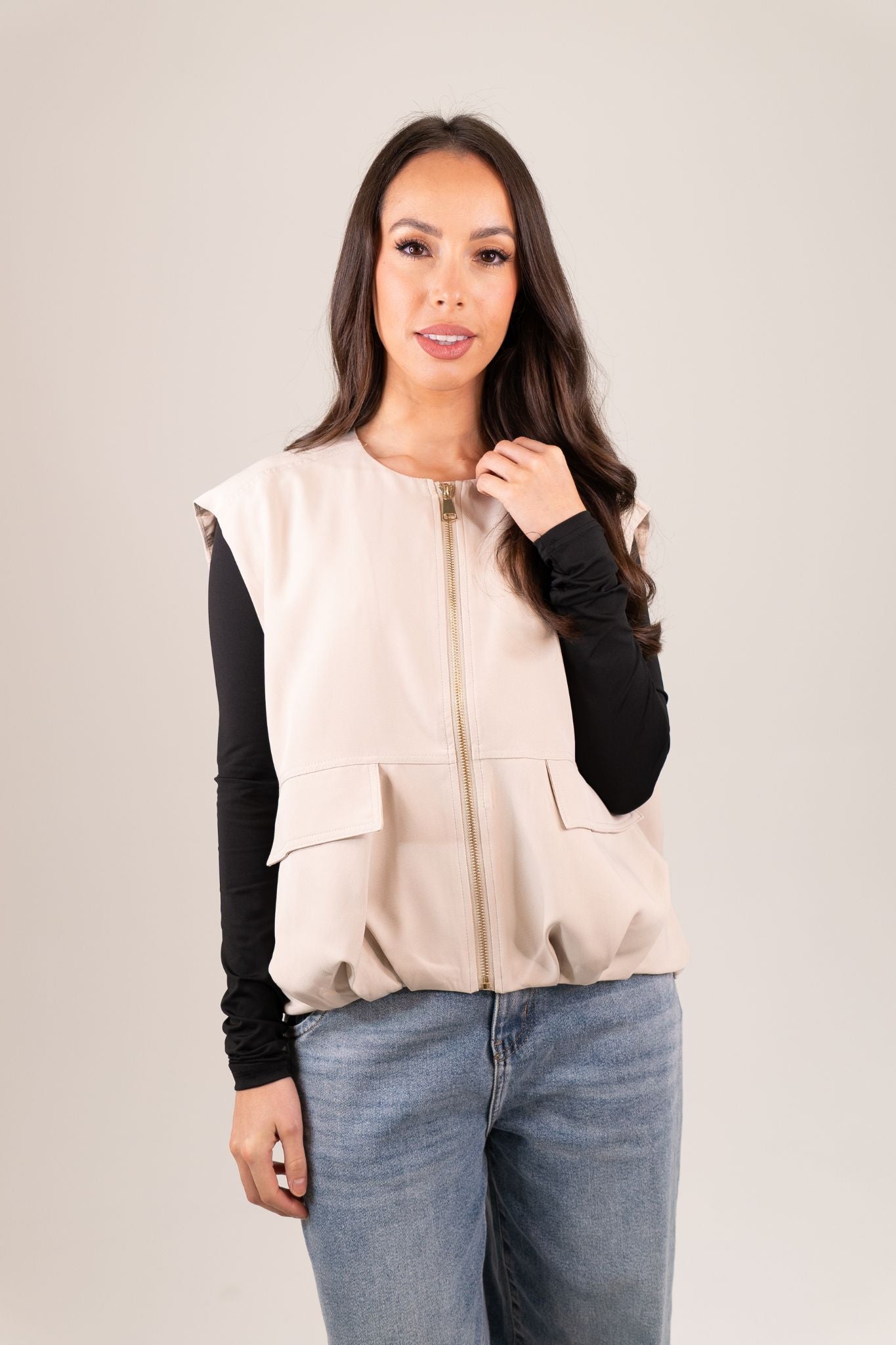 Taylor Zip Front Gilet In Neutral