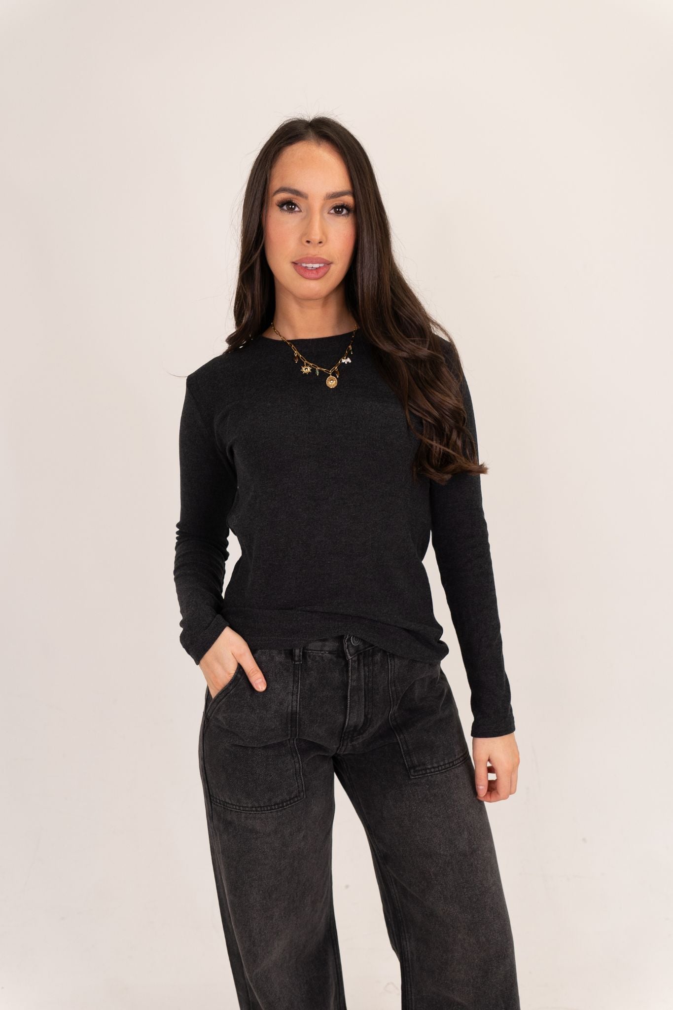 Elsa Long Sleeve Top In Charcoal