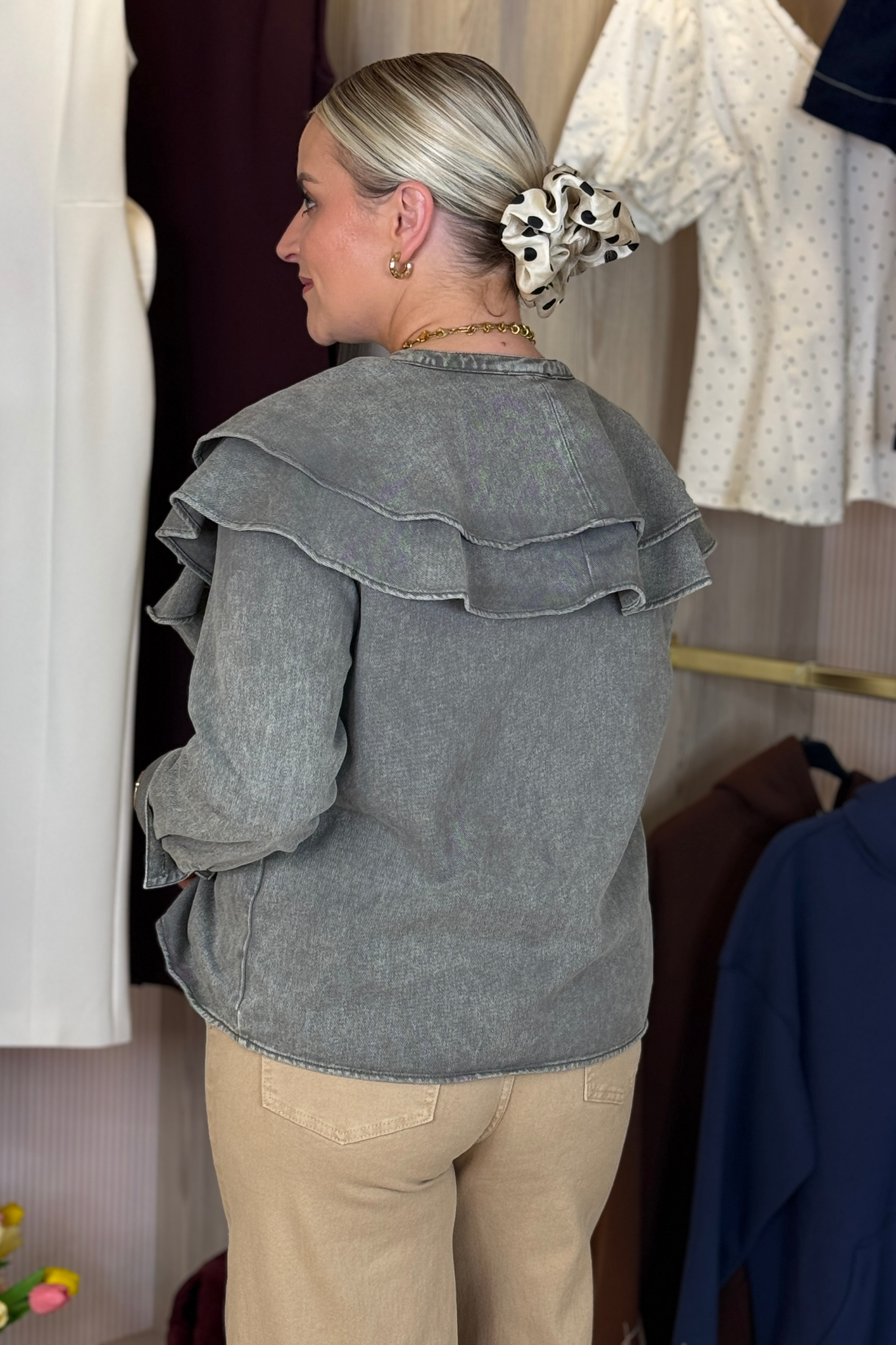 Cora Frill Collar Denim Shirt In Grey Wash