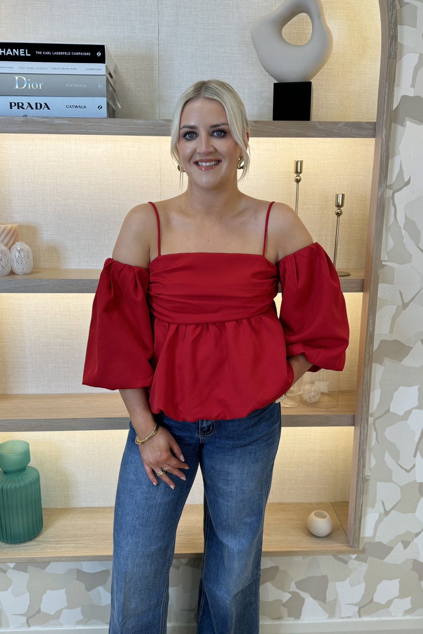 Lila Puff Sleeve Top In Red