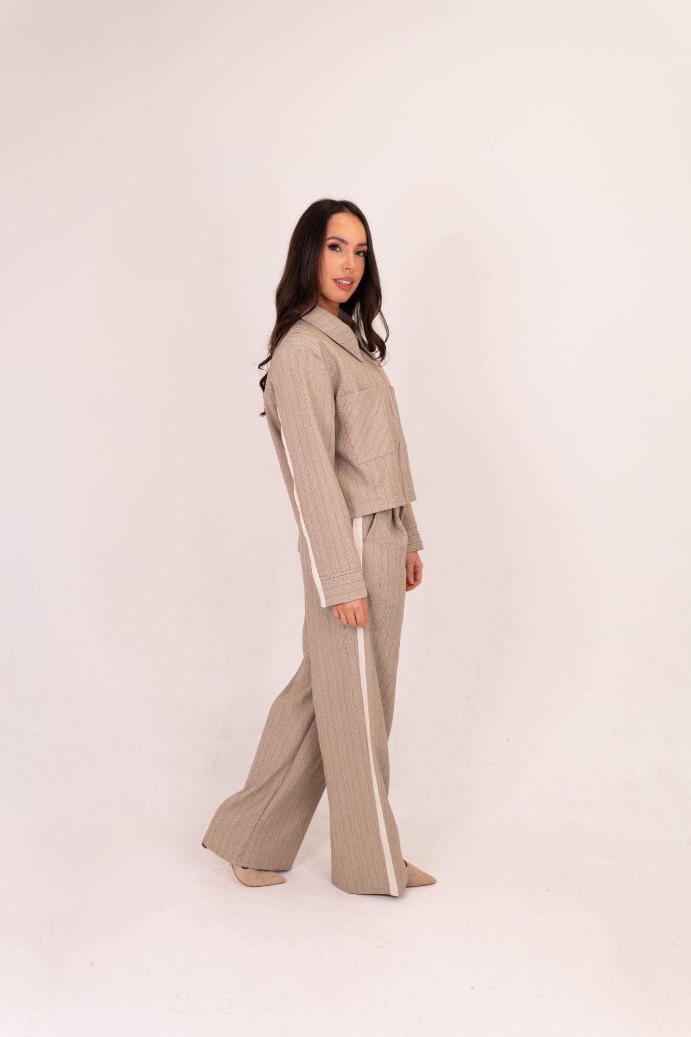 Kiera Pinstripe Trousers In Taupe