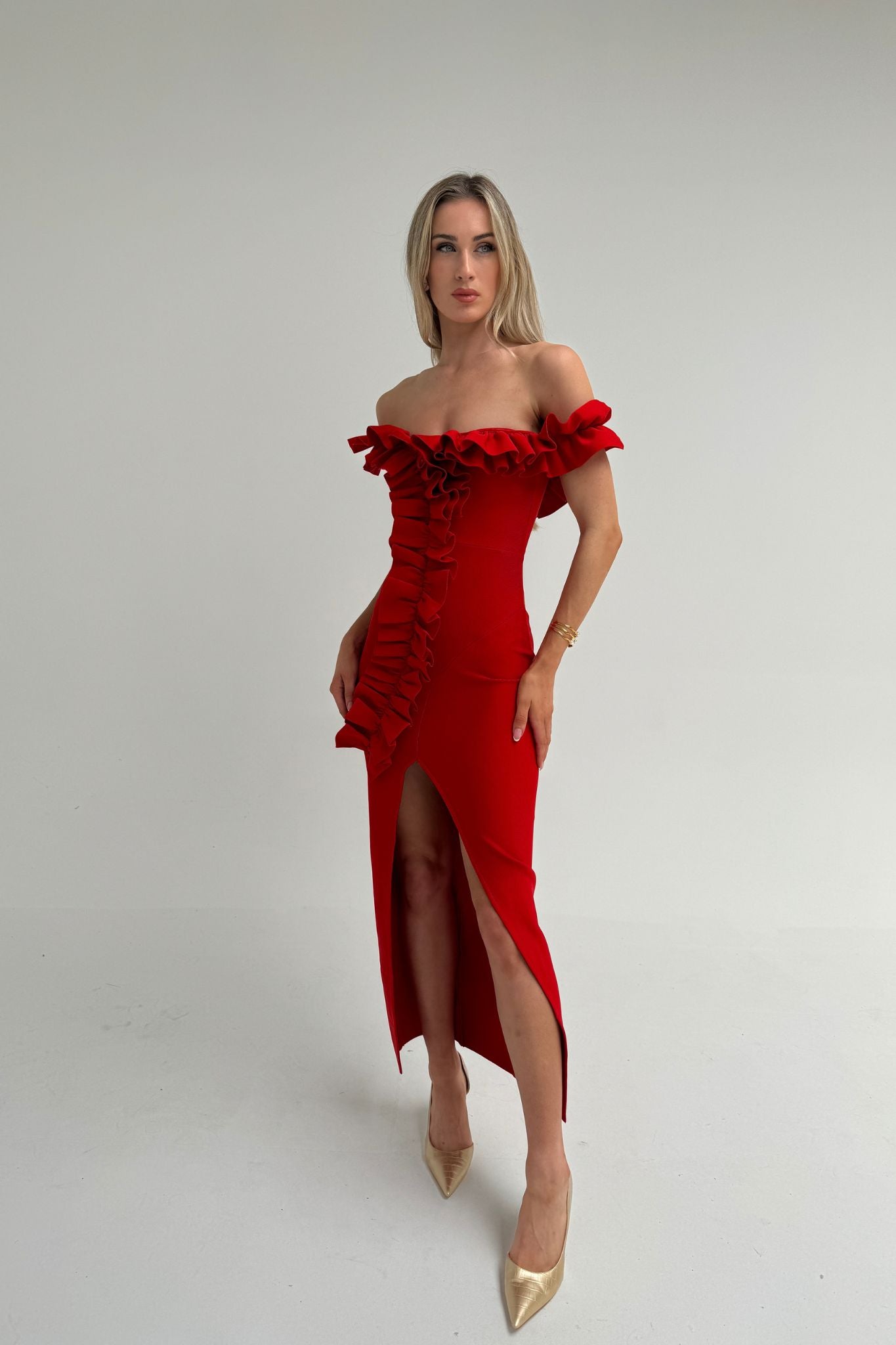 Holly Off Shoulder Ruffle Dress In Red