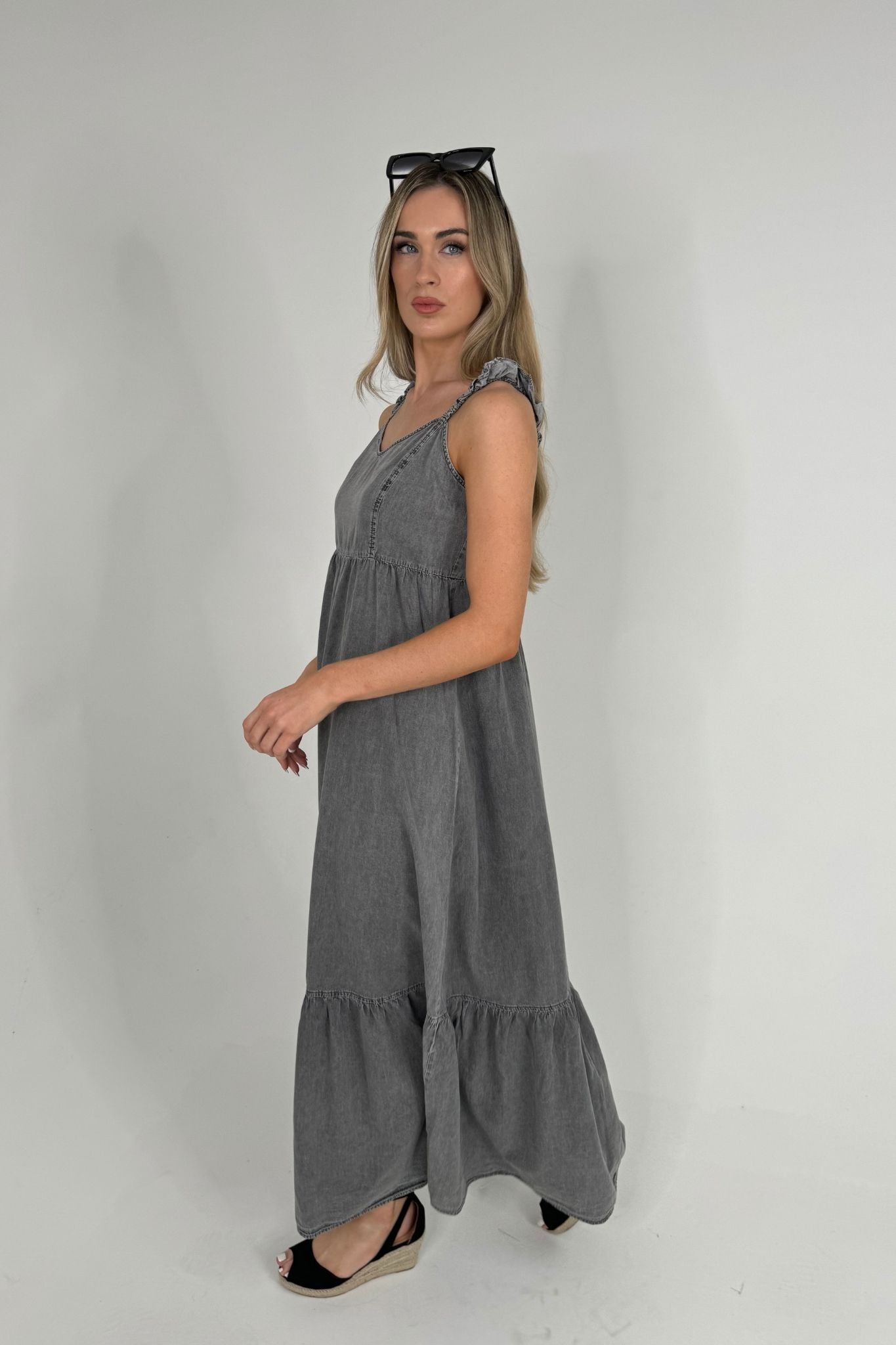 Polly Tiered Denim Maxi Dress In Grey