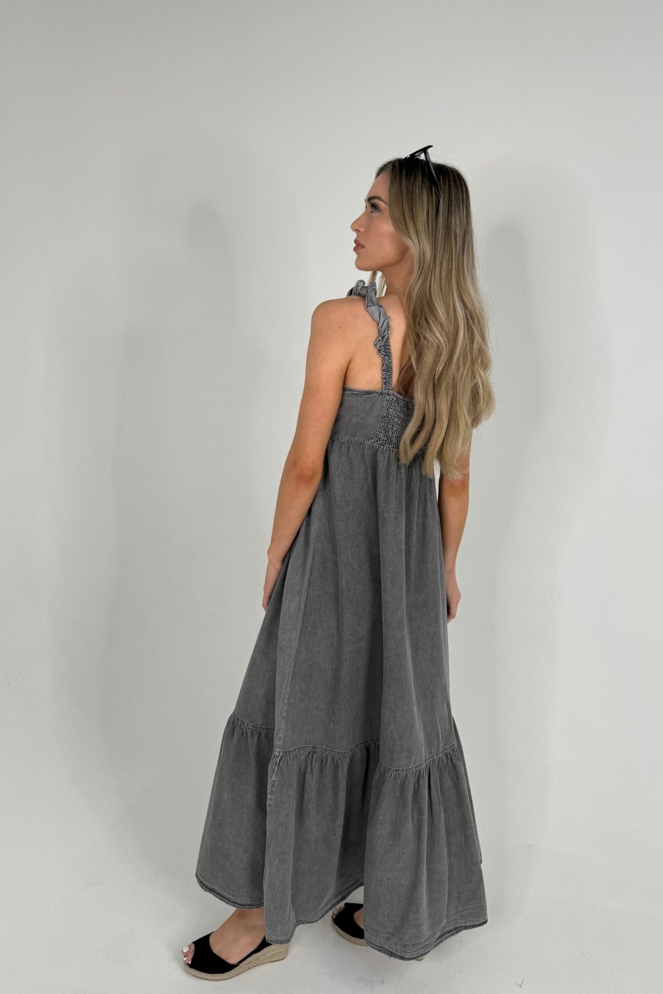 Polly Tiered Denim Maxi Dress In Grey