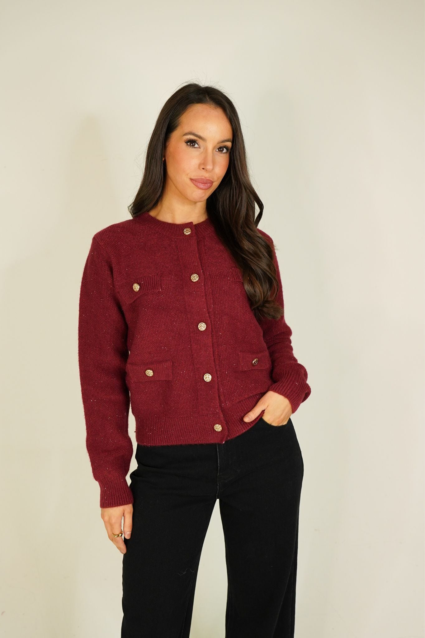 Elsa Pocket Front Cardigan In Bordeaux