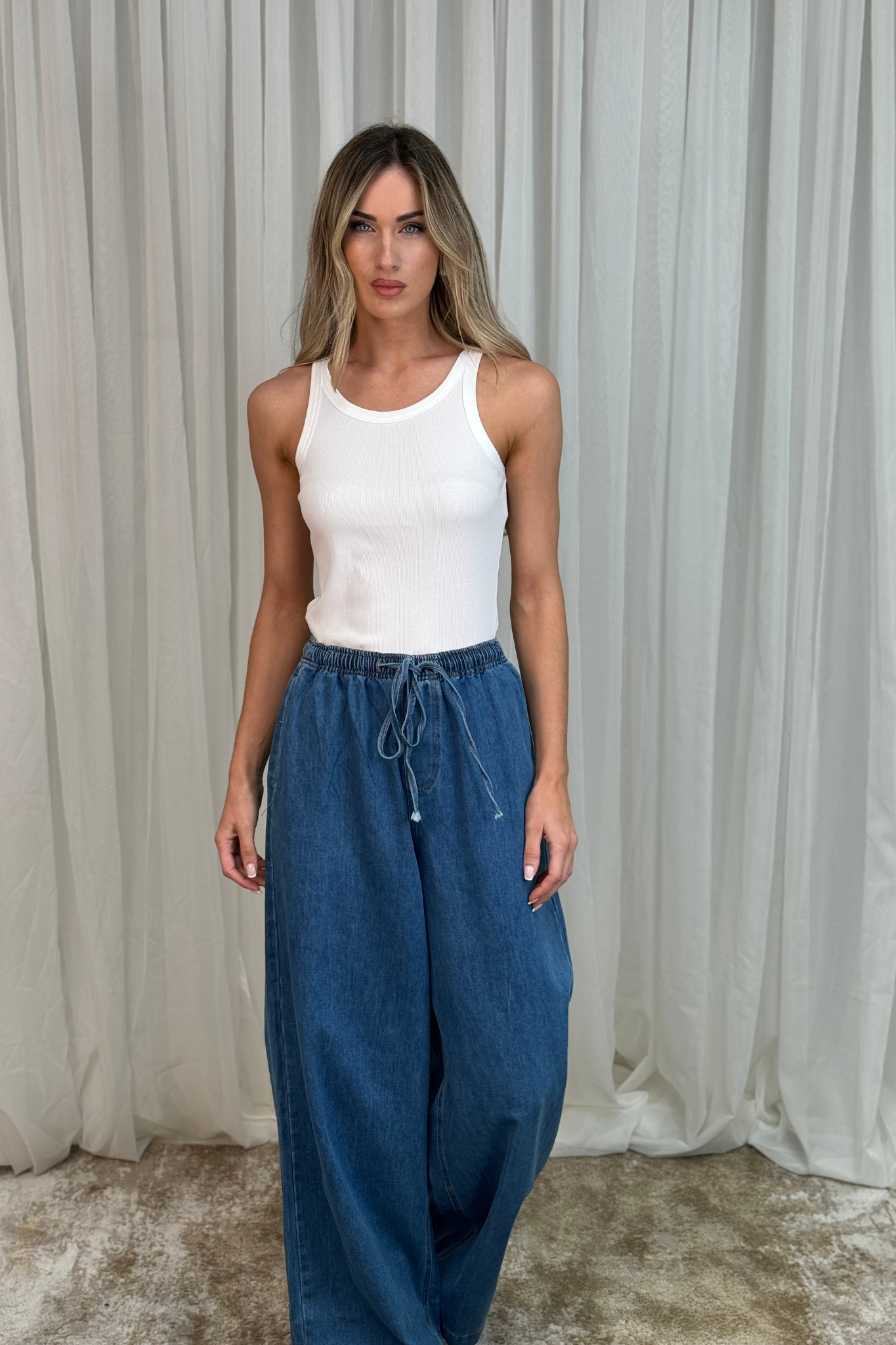 Jane Drawstring Waist Jeans In Mid Wash