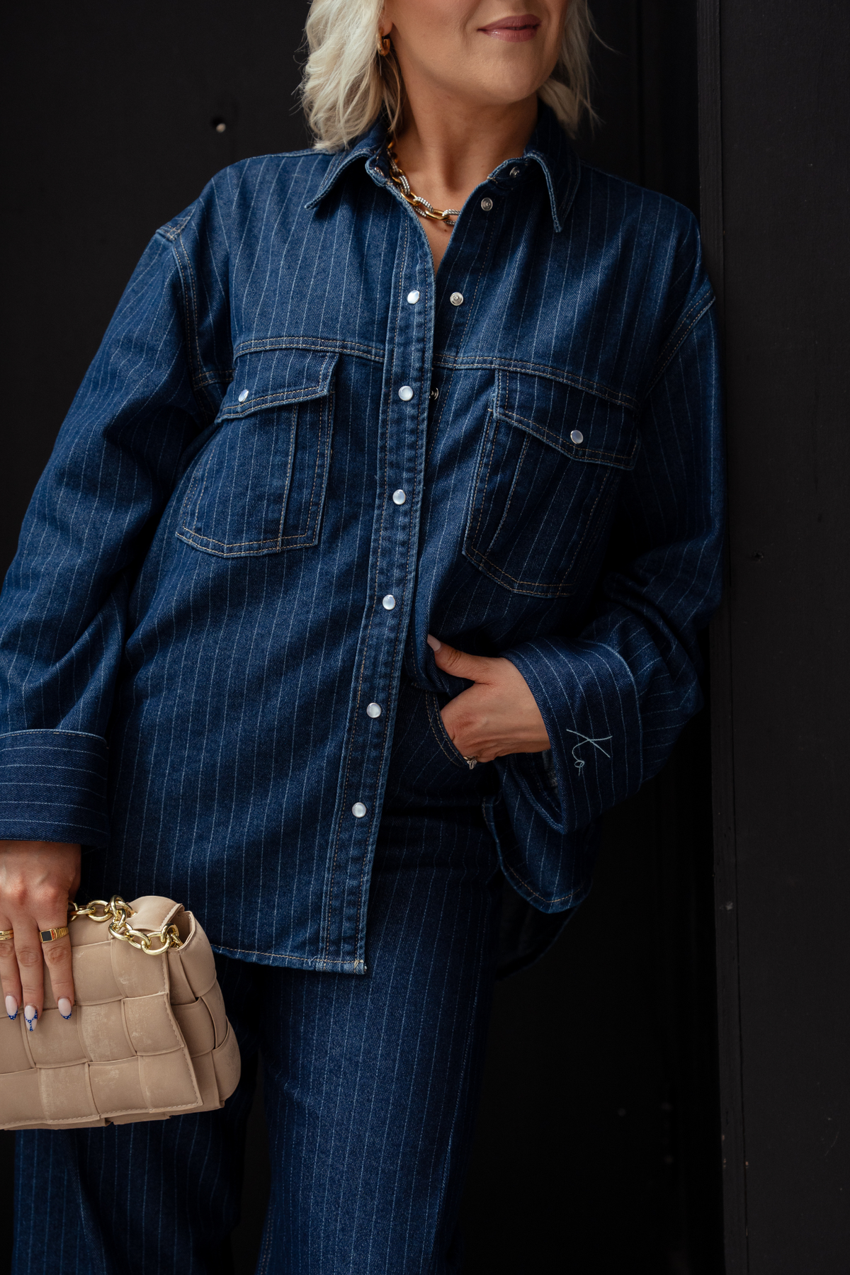 Love Laura Pinstripe Denim Shacket In Indigo