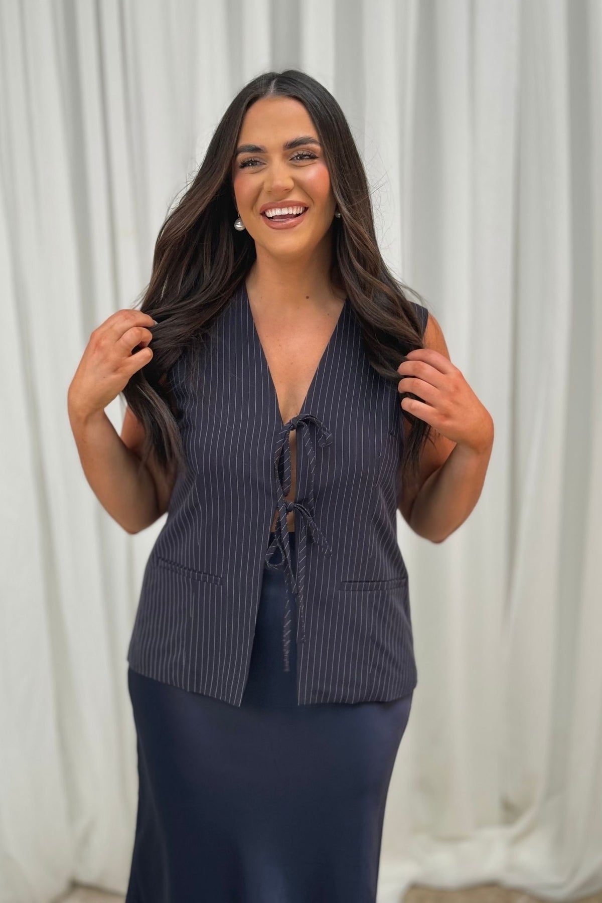 Jane Tie Front Waistcoat In Navy Pinstripe