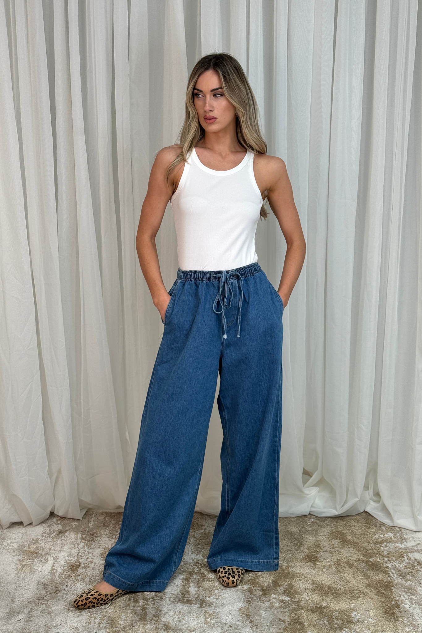 Jane Drawstring Waist Jeans In Mid Wash