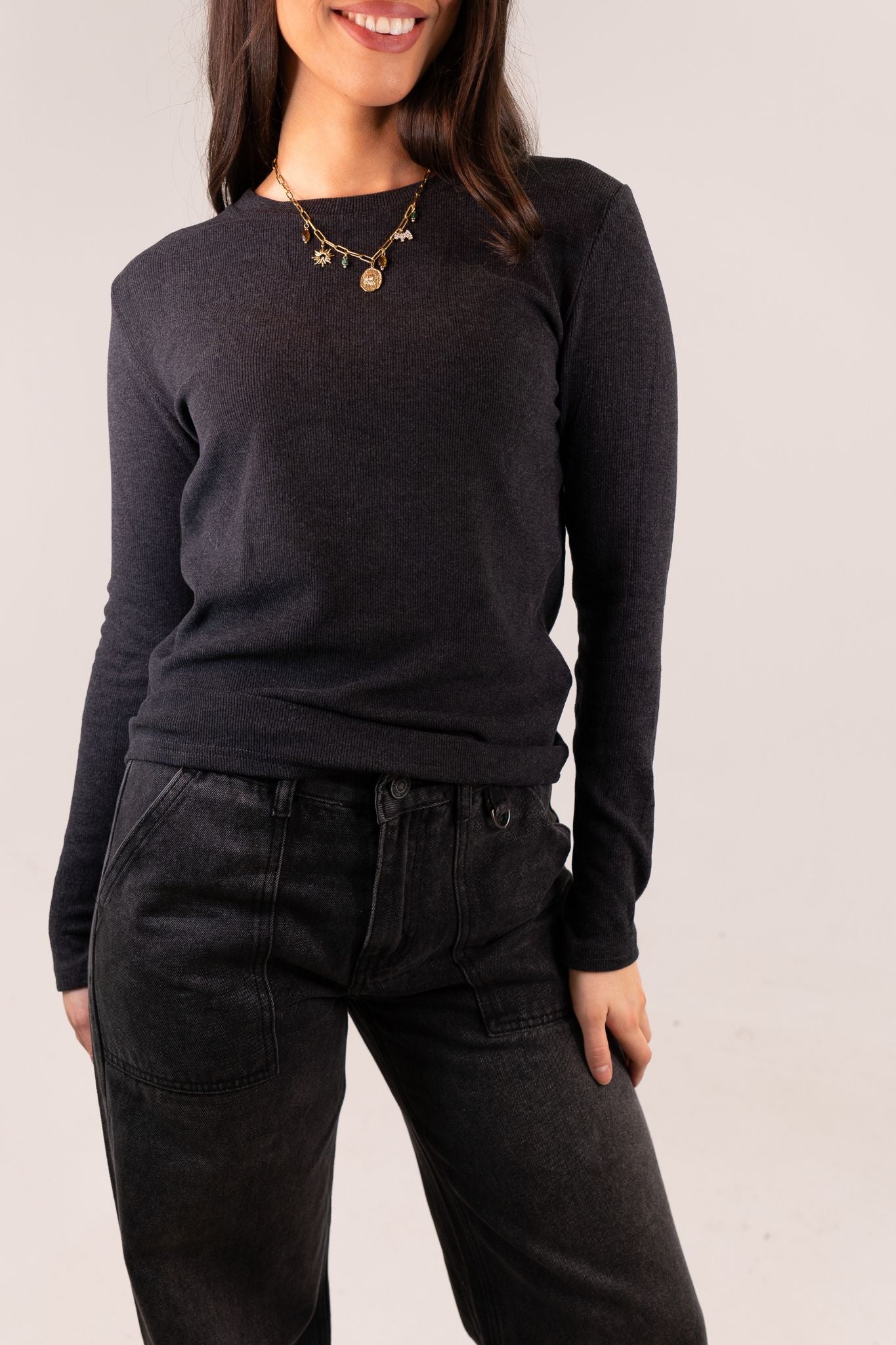 Elsa Long Sleeve Top In Charcoal