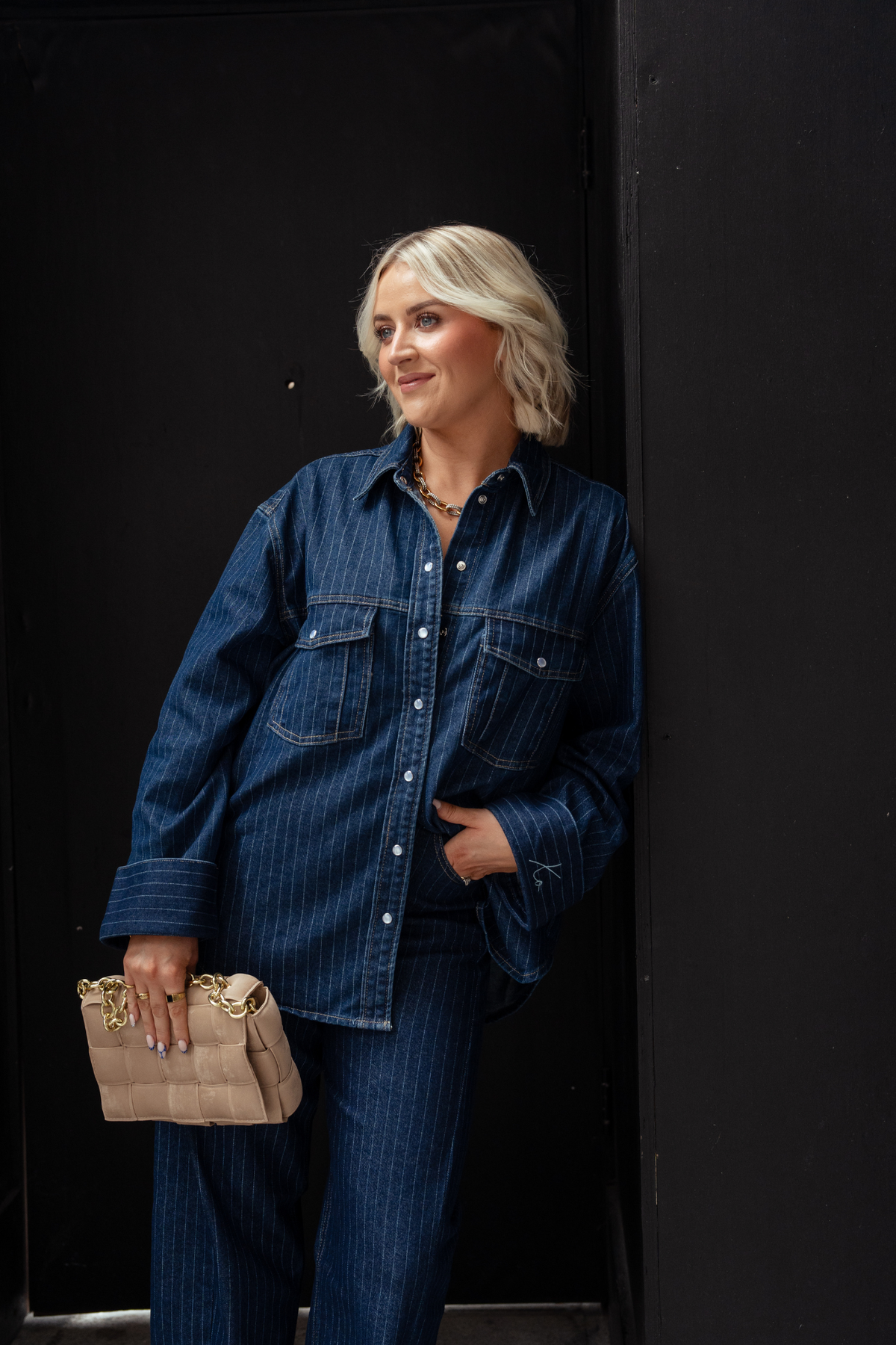 Love Laura Pinstripe Denim Shacket In Indigo