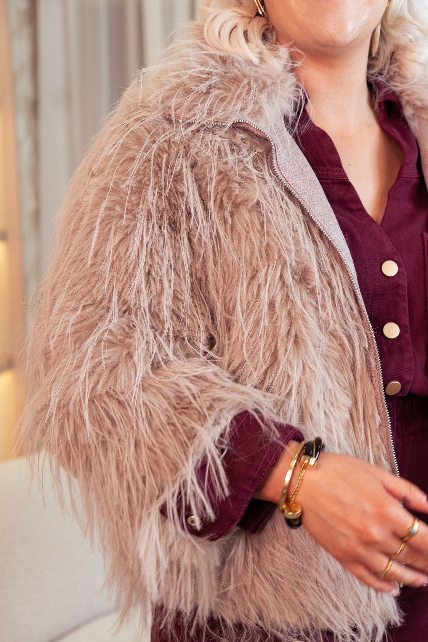 Love Laura Textured Faux Fur Coat In Taupe