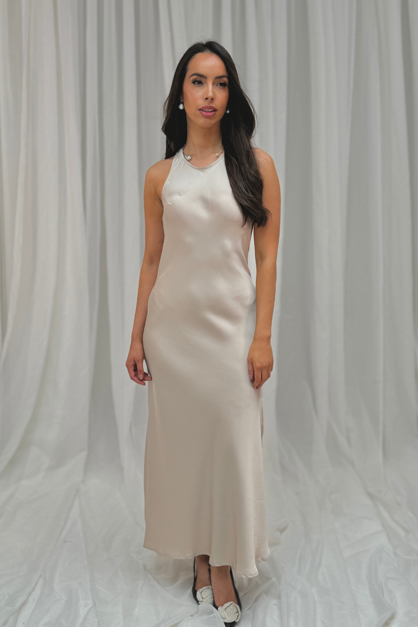 Elsa High Neck Satin Dress In Champagne