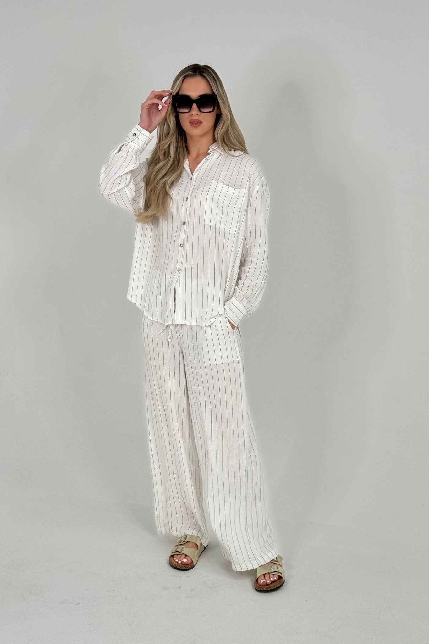 Elsa Linen Mix Stripe Trousers In White