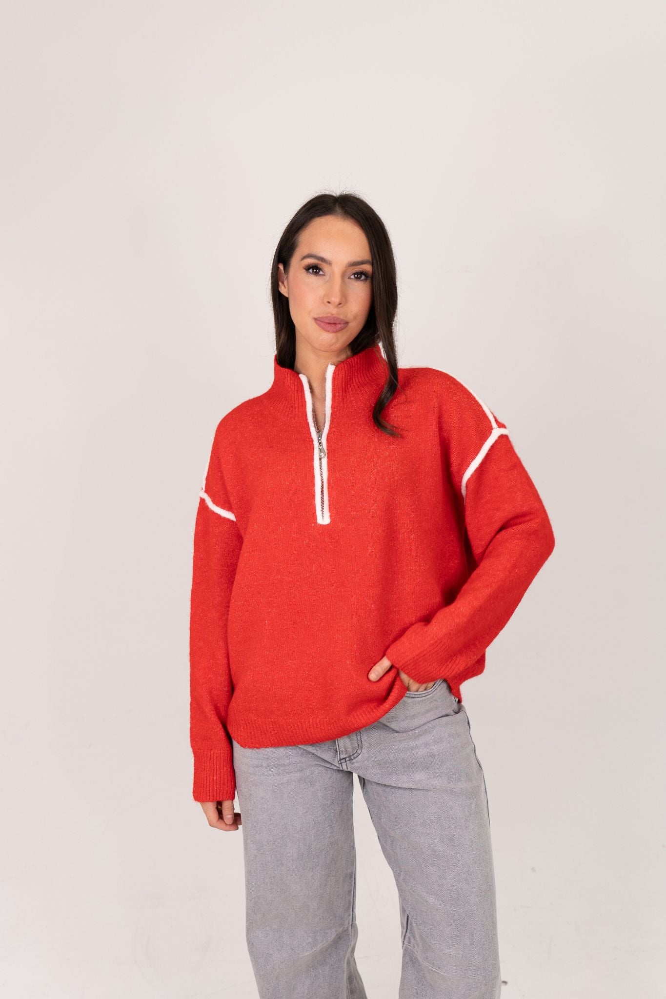 Kendra Piped Half Zip Jumper In Red