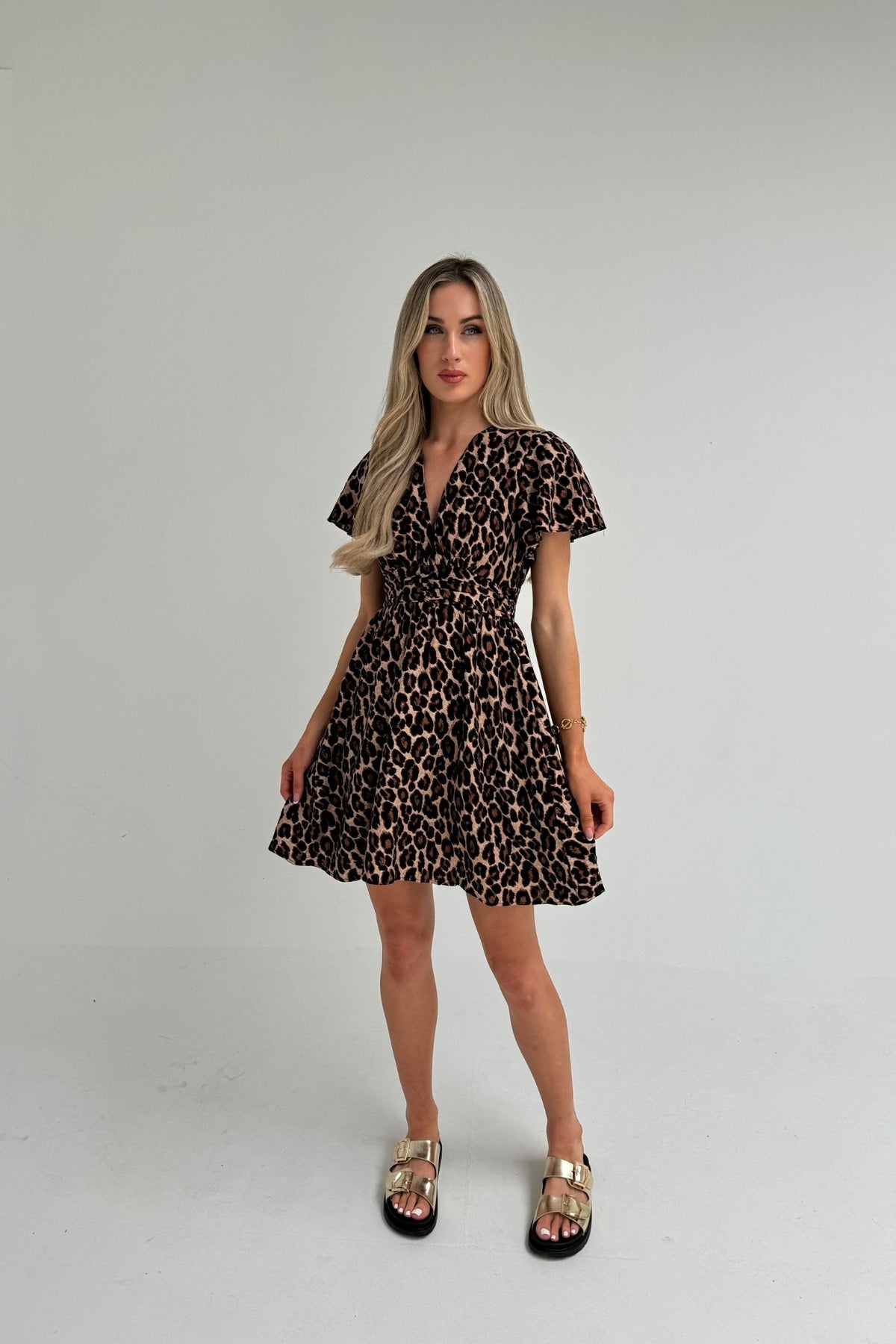 Ally Ruched Detail Dress In Leopard Print