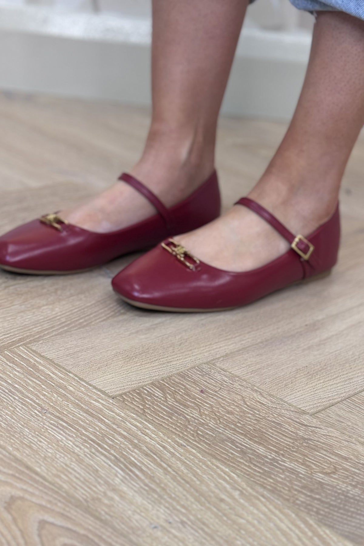 Ellen Gold Buckle Flats In Red