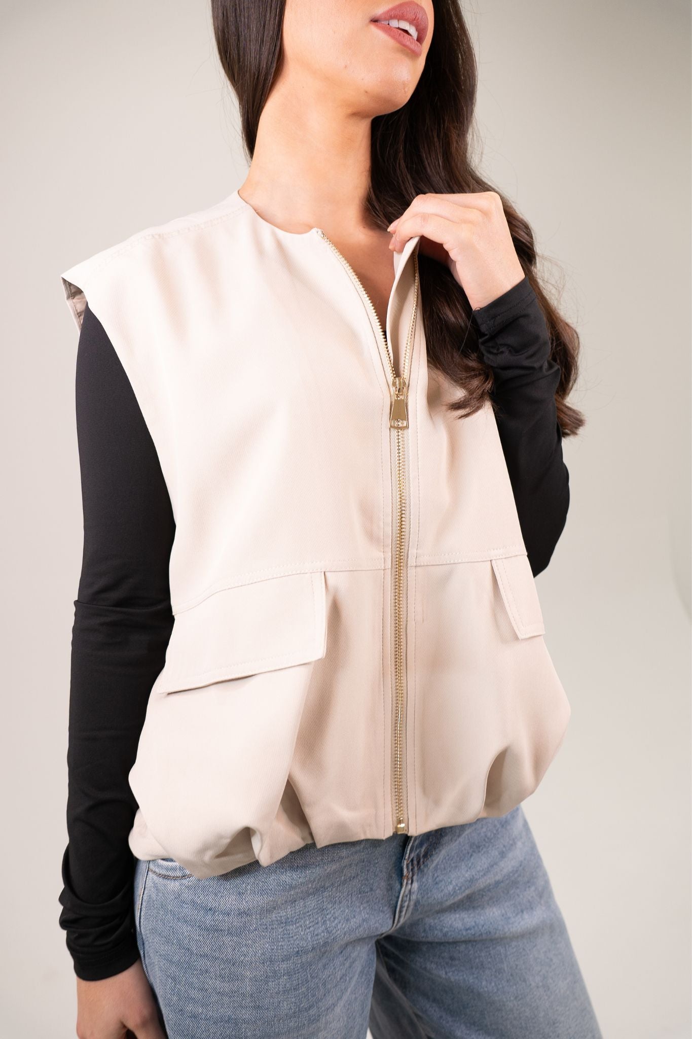 Taylor Zip Front Gilet In Neutral